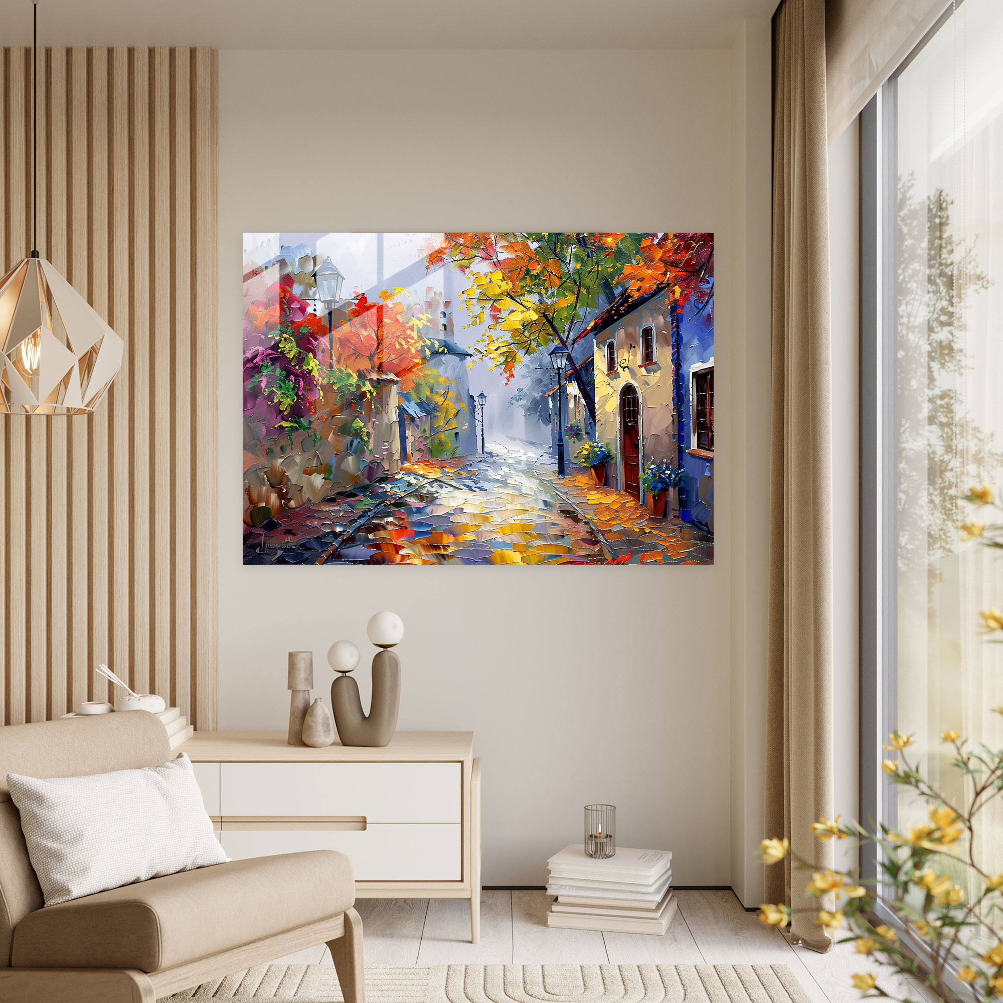 Leonid Afremov Glass Print - Village Street Glass Wall Art - Leonid Afremov, Wall Decoration, Leonid Afremov, Home Decoration