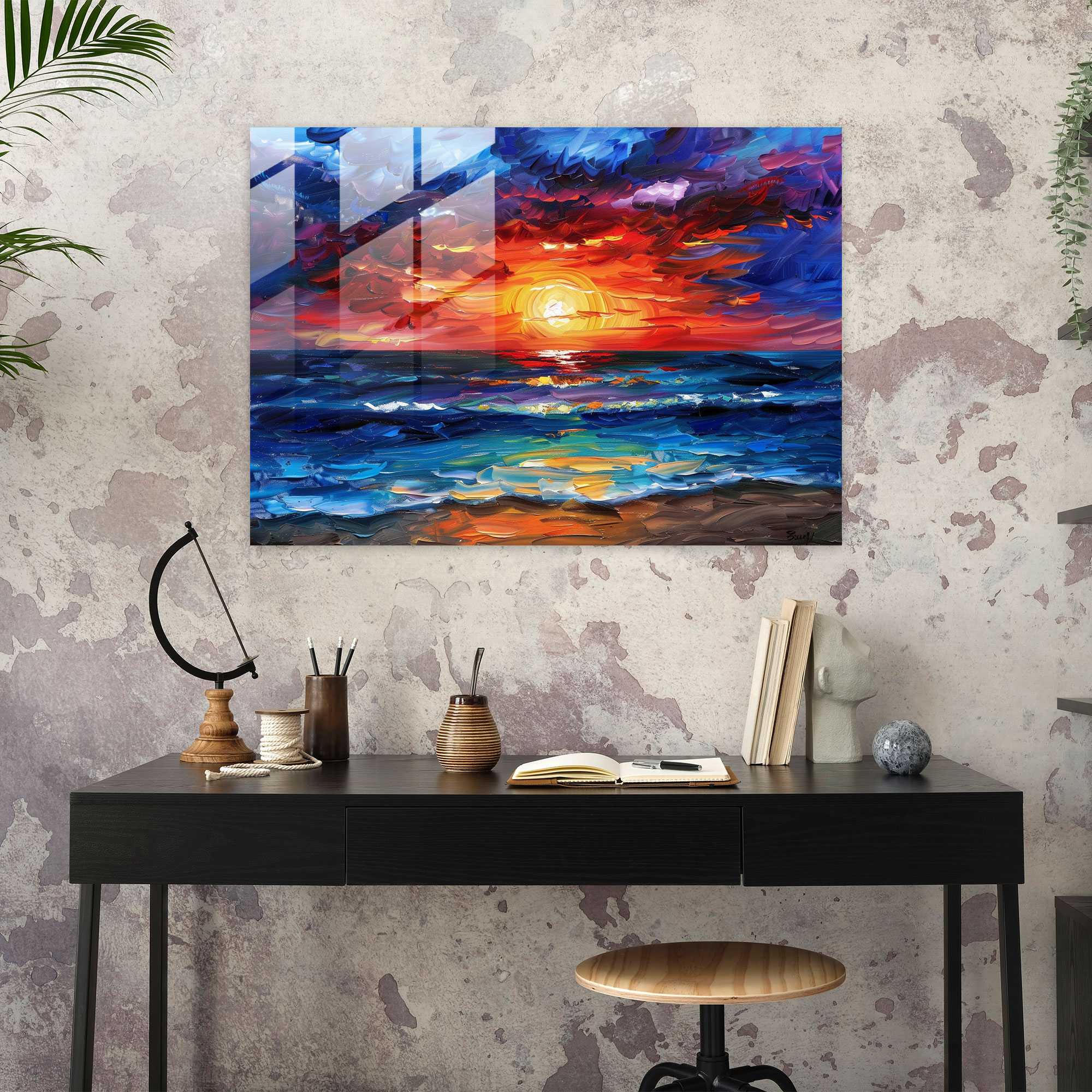Leonid Afremov Glass Print - Ocean Sunset - Leonid Afremov, Ocean Sunset, Wall Decoration, Glass Wall Art