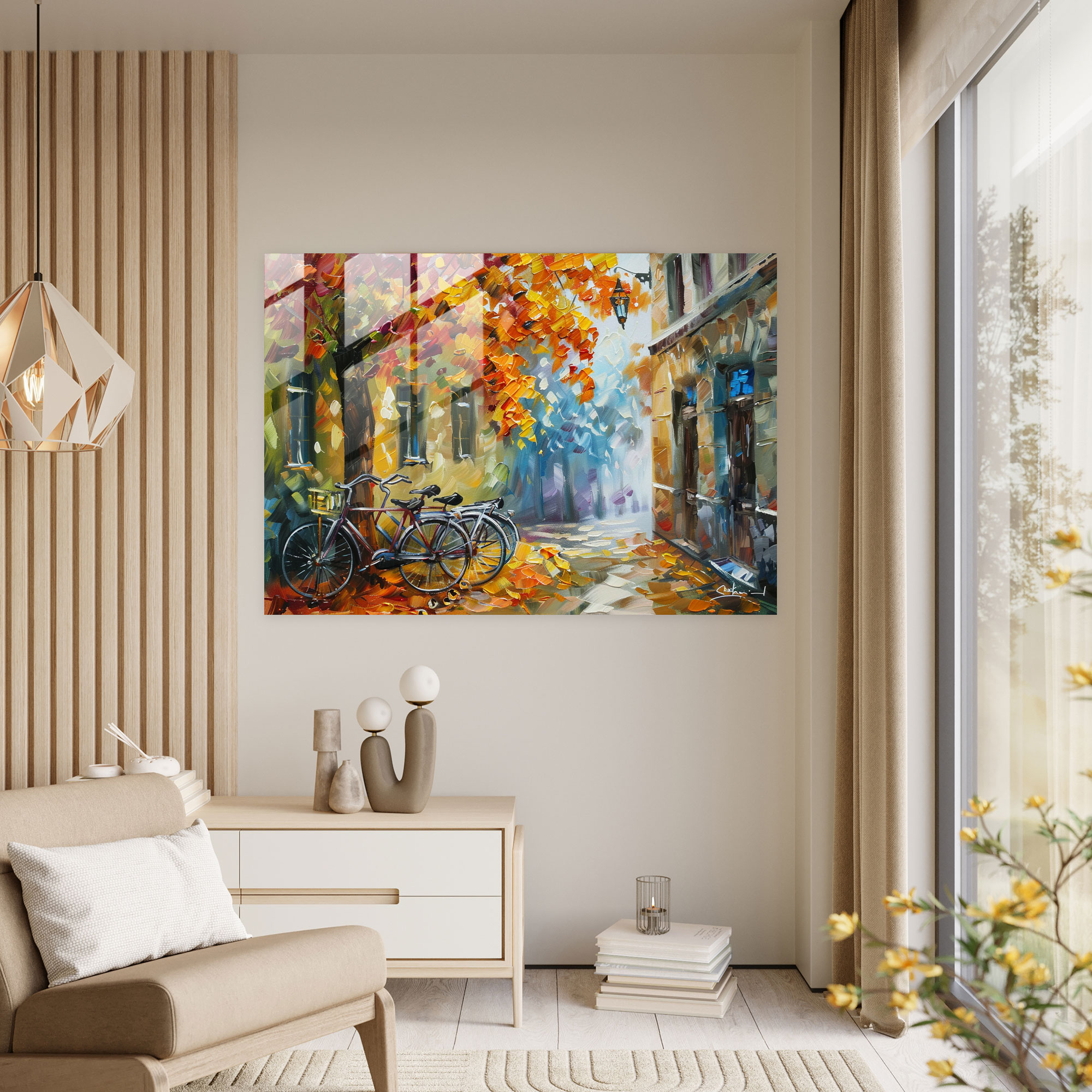 Leonid Afremov Glass Print - Bicycle Street - Leonid Afremov, Bicycle Street, Home Decoration, Wall Decoration