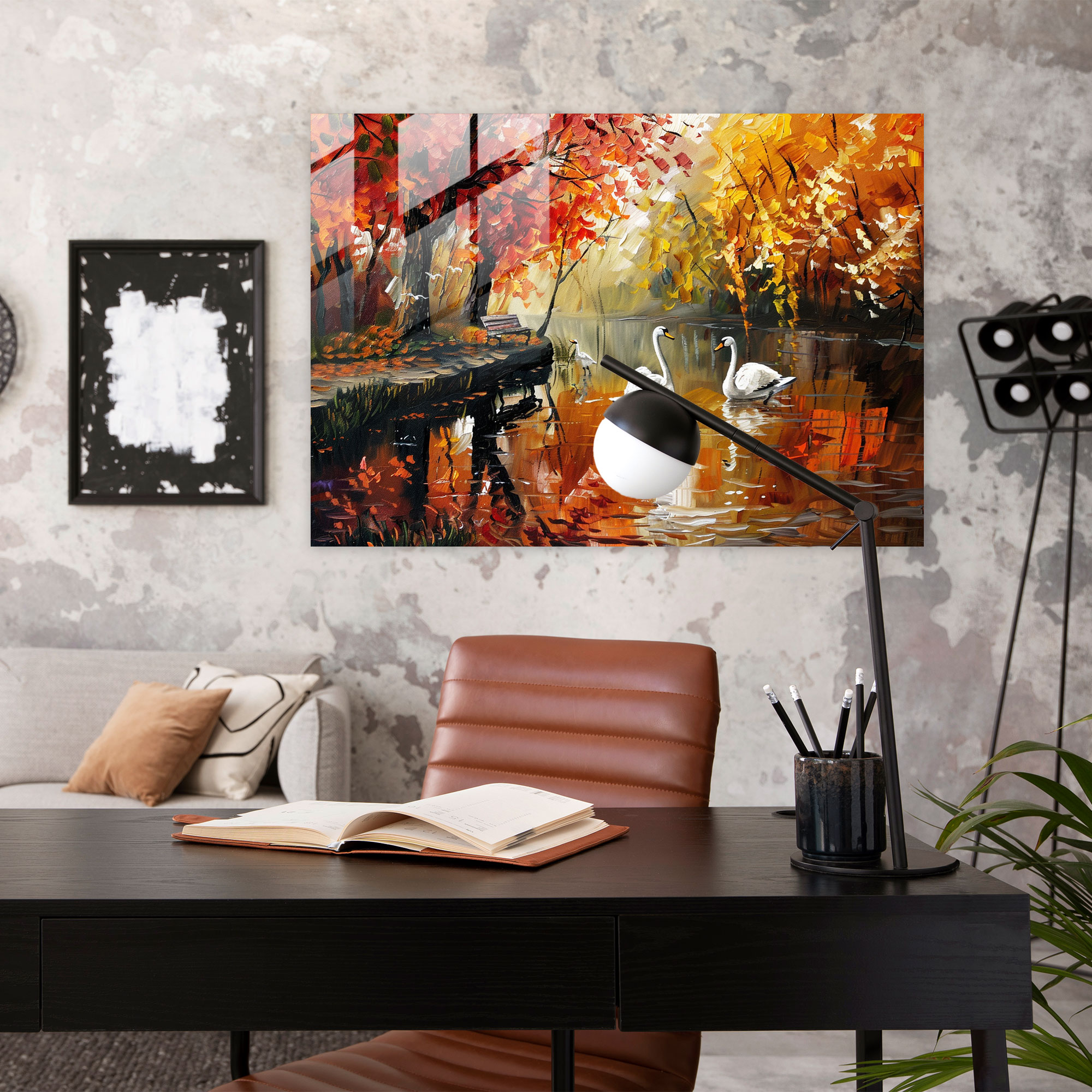 Leonid Afremov Glass Print - Lakeside Swans - Leonid Afremov, Home Decoration, Lakeside Swans, Leonid Afremov