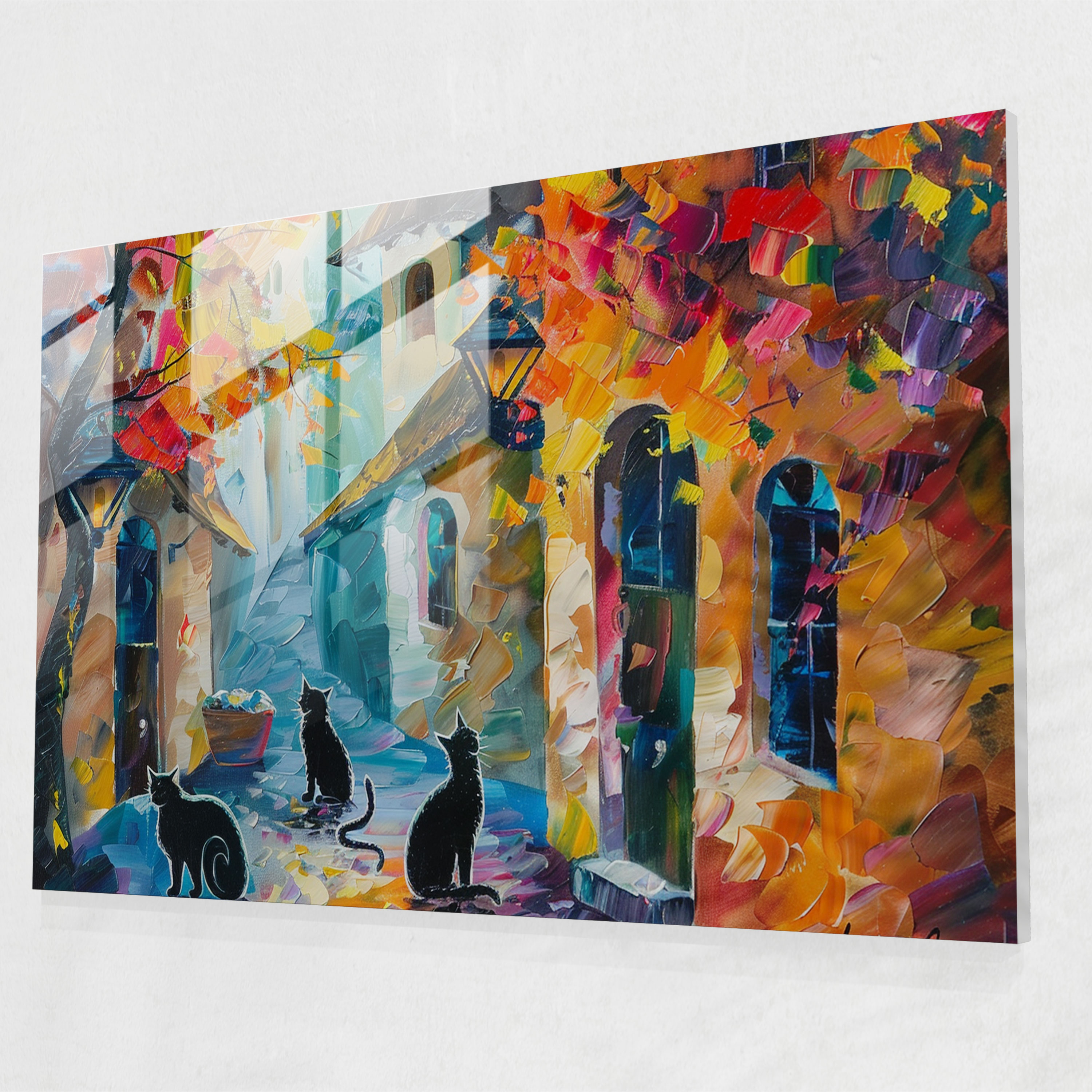 Leonid Afremov Glass Print - Whimsical Street Cats Glass Wall Art - Leonid Afremov, Glass Art, Glass Wall Art, Wall Decoration