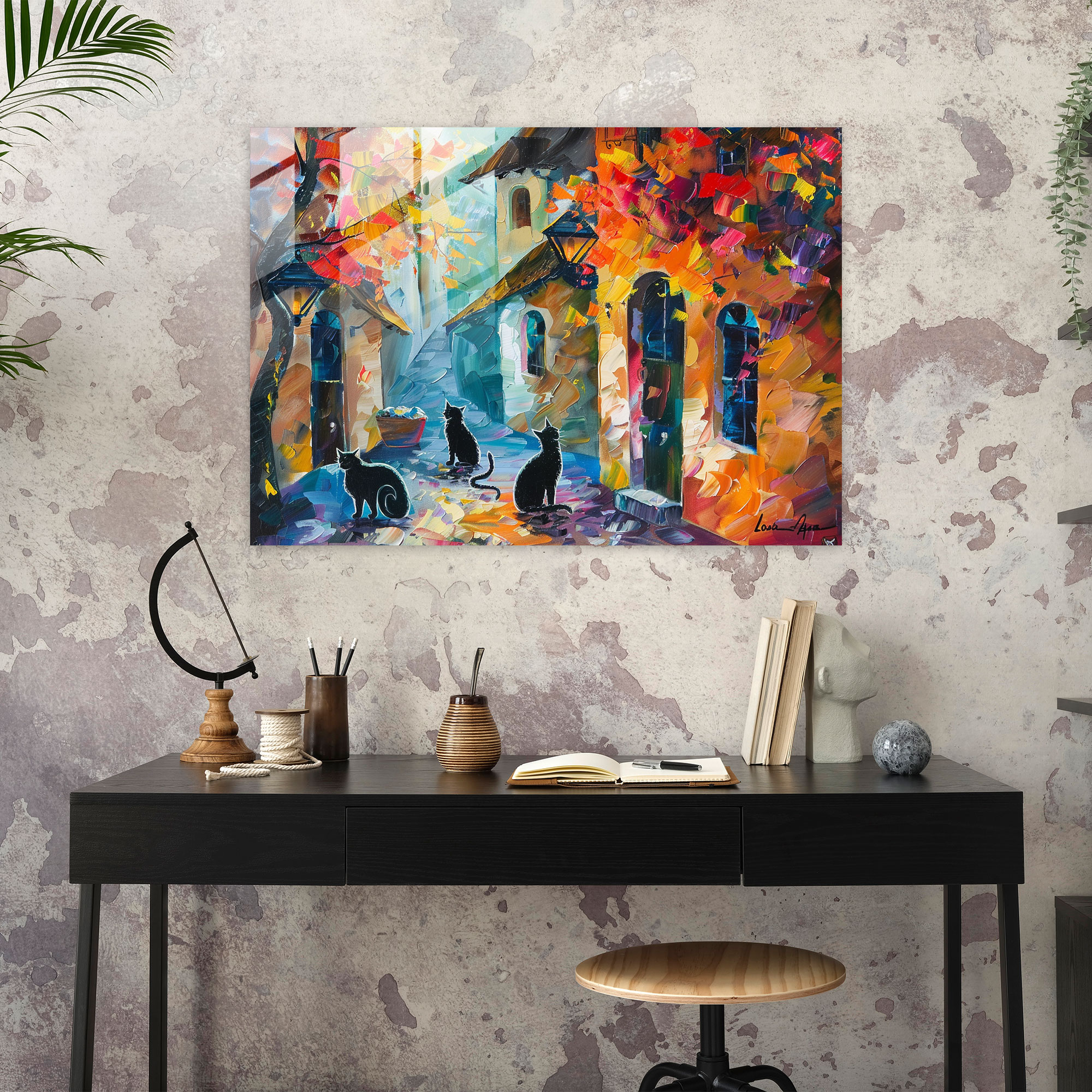 Leonid Afremov Glass Print - Whimsical Street Cats Glass Wall Art - Leonid Afremov, Glass Art, Glass Wall Art, Wall Decoration