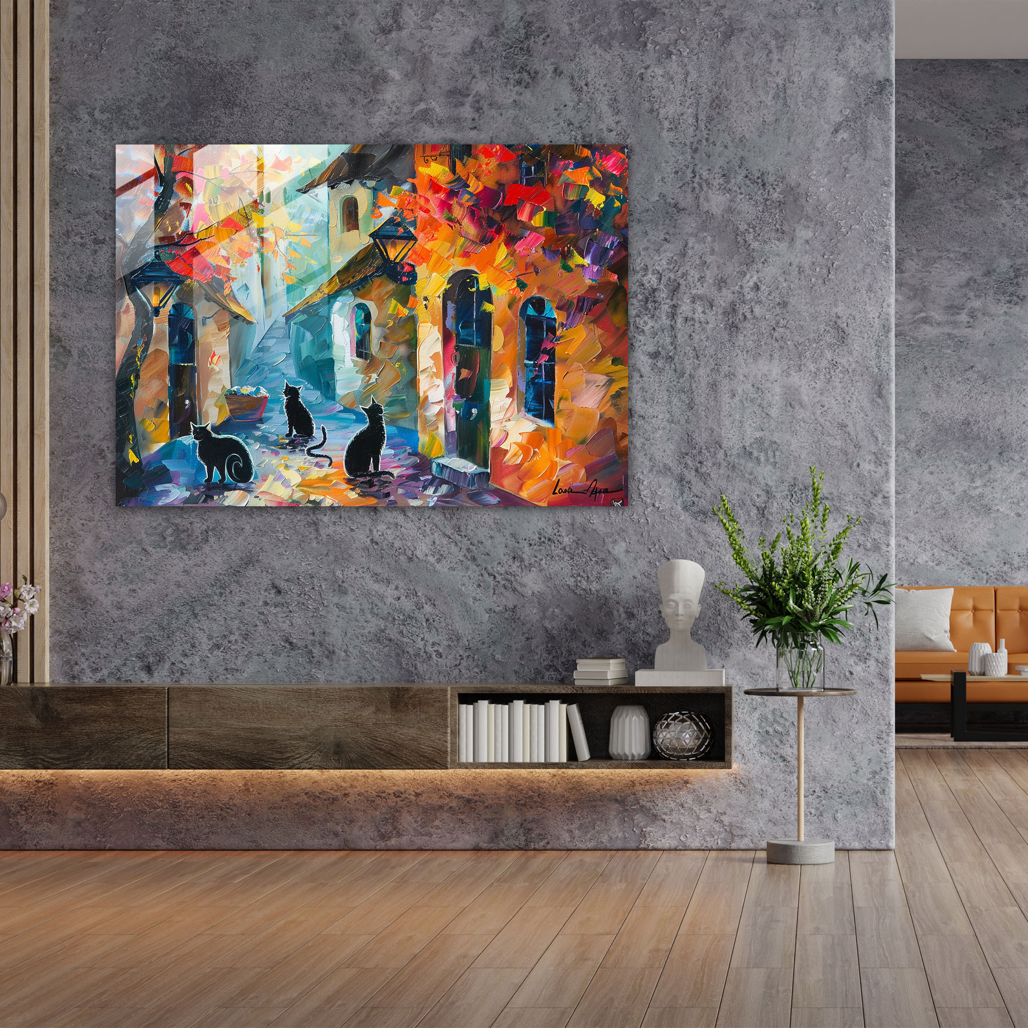Leonid Afremov Glass Print - Whimsical Street Cats Glass Wall Art - Leonid Afremov, Glass Art, Glass Wall Art, Wall Decoration