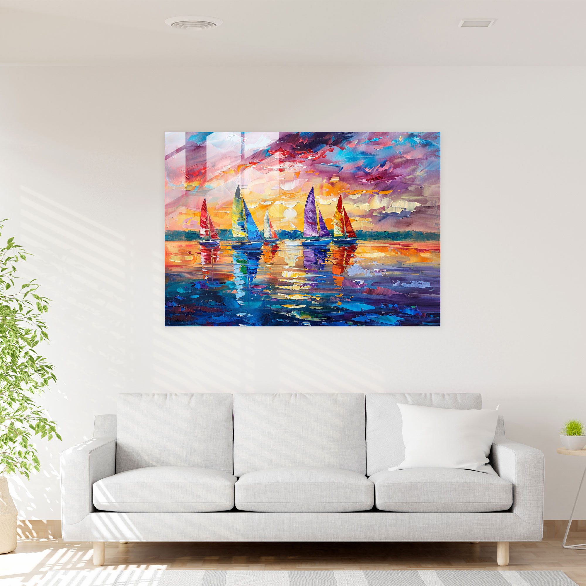 Sailboats Sunset Leonid Afremov Glass Print - Leonid Afremov, Glass Print, Leonid Afremov, Glass Wall Art