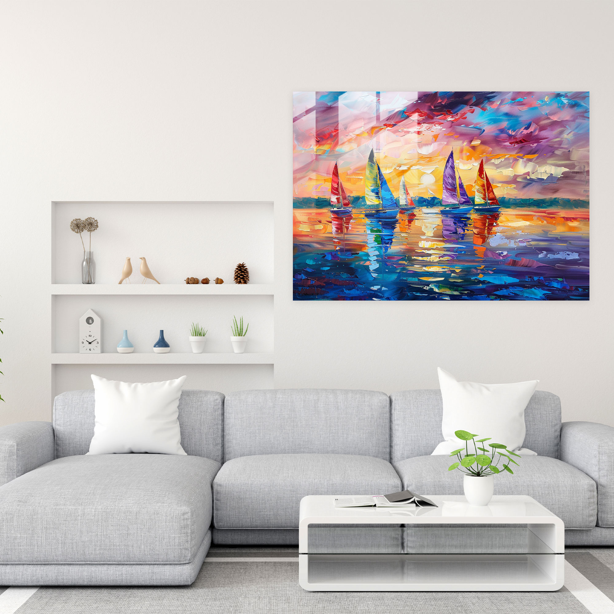 Sailboats Sunset Leonid Afremov Glass Print - Leonid Afremov, Glass Print, Leonid Afremov, Glass Wall Art