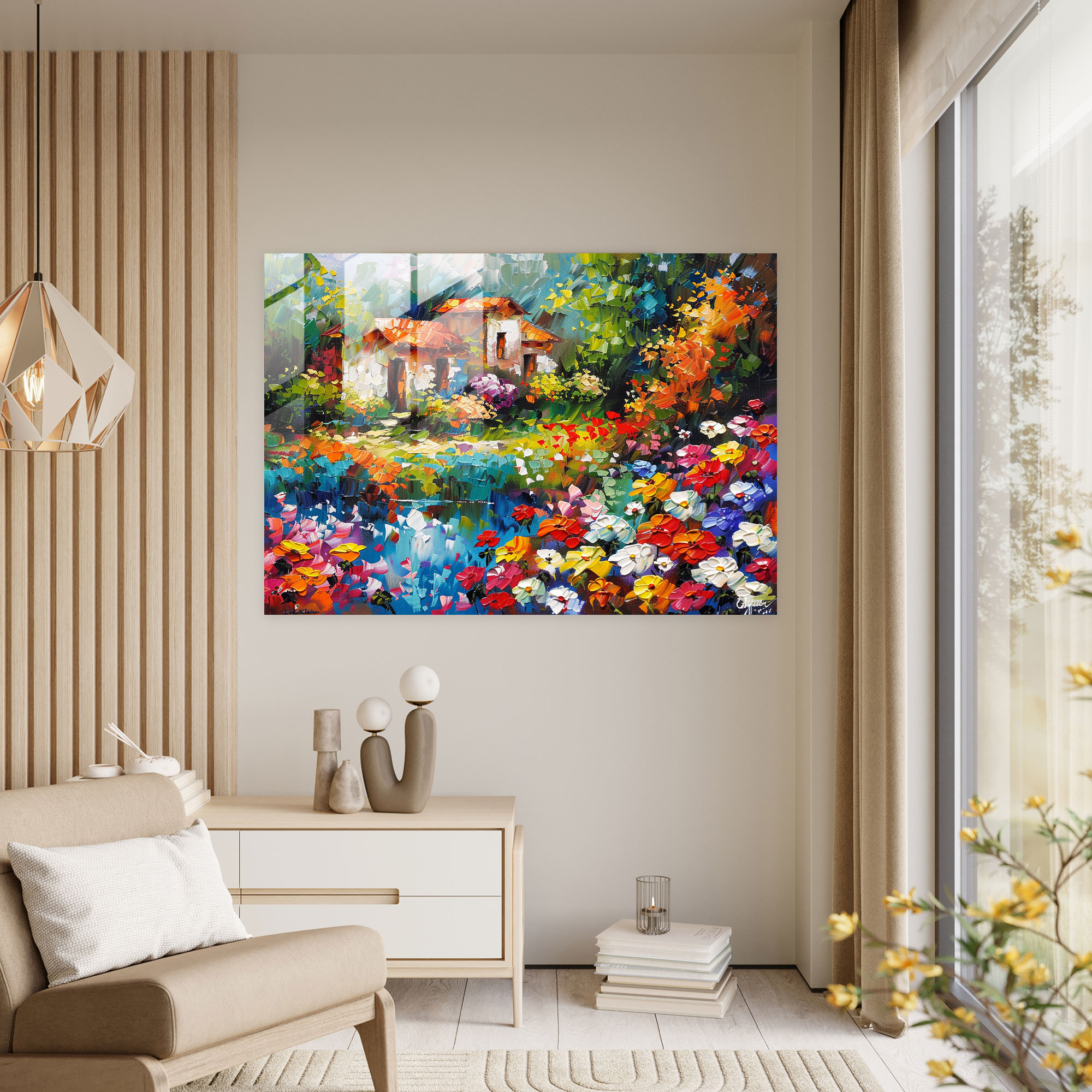 Leonid Afremov Glass Art - Flower-Filled Garden - Leonid Afremov, Modern Art, Glass Art, Wall Decoration