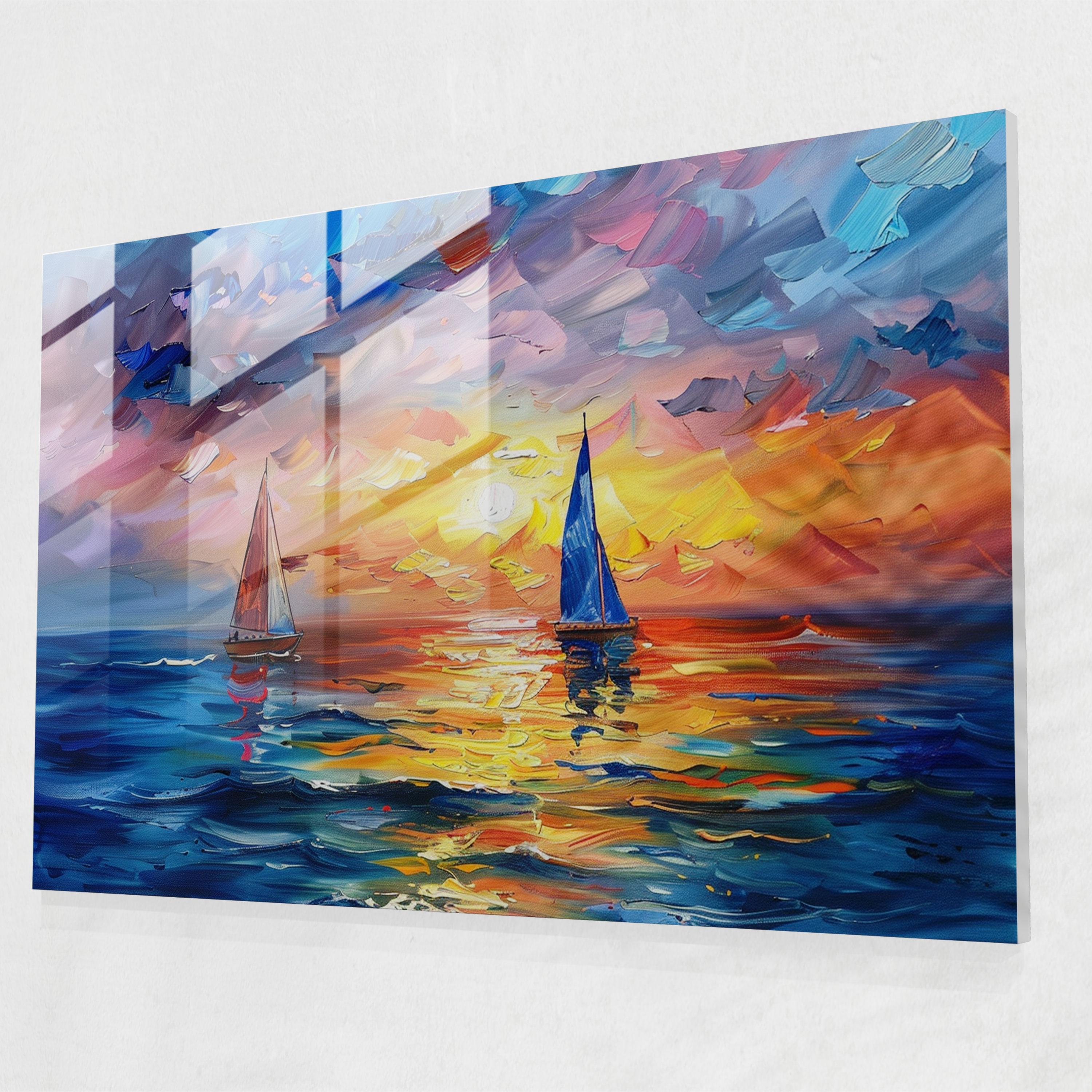 Leonid Afremov Glass Print - Dreamy Seascape With Sailboats - Leonid Afremov, Home Decoration, Glass Print, Glass Art
