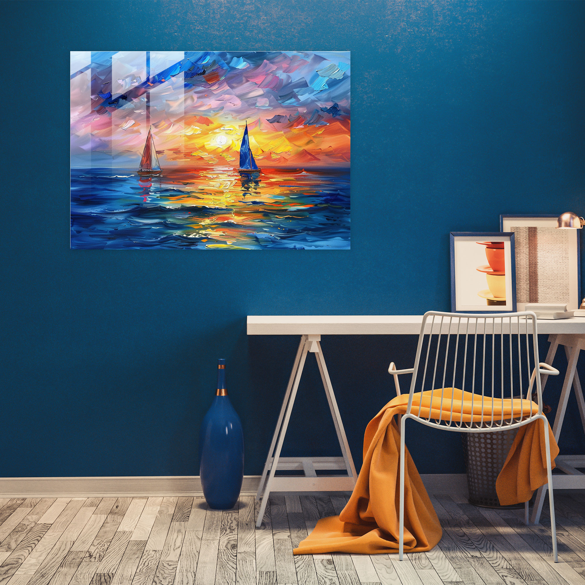 Leonid Afremov Glass Print - Dreamy Seascape With Sailboats - Leonid Afremov, Home Decoration, Glass Print, Glass Art