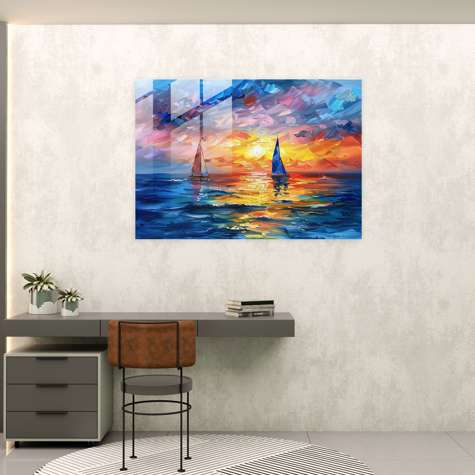 Leonid Afremov Glass Print - Dreamy Seascape With Sailboats - Leonid Afremov, Home Decoration, Glass Print, Glass Art
