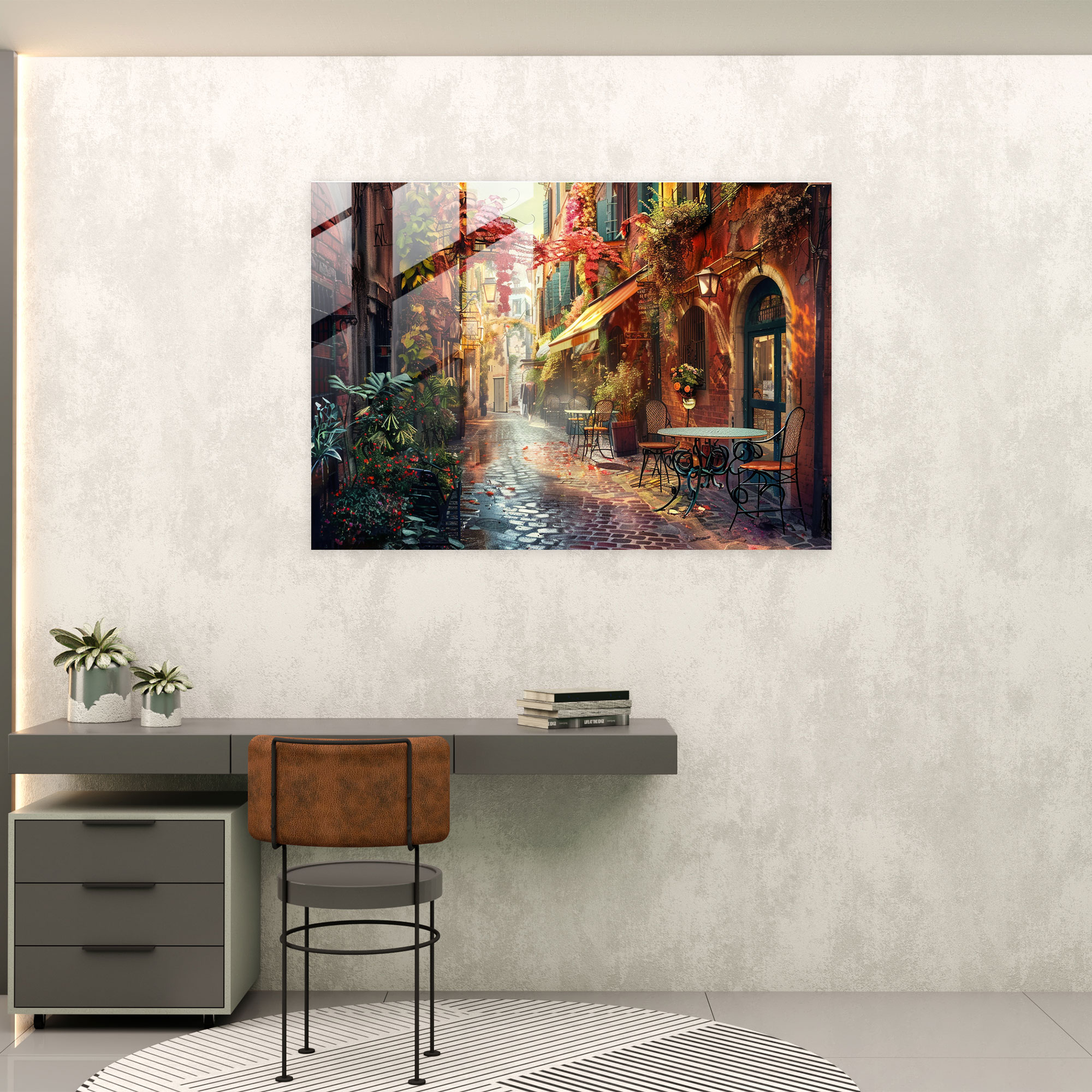 Leonid Afremov Glass Wall Art - Enchanting Alleyway In European City - Leonid Afremov, Wall Decoration, Modern Art, Home Decoration