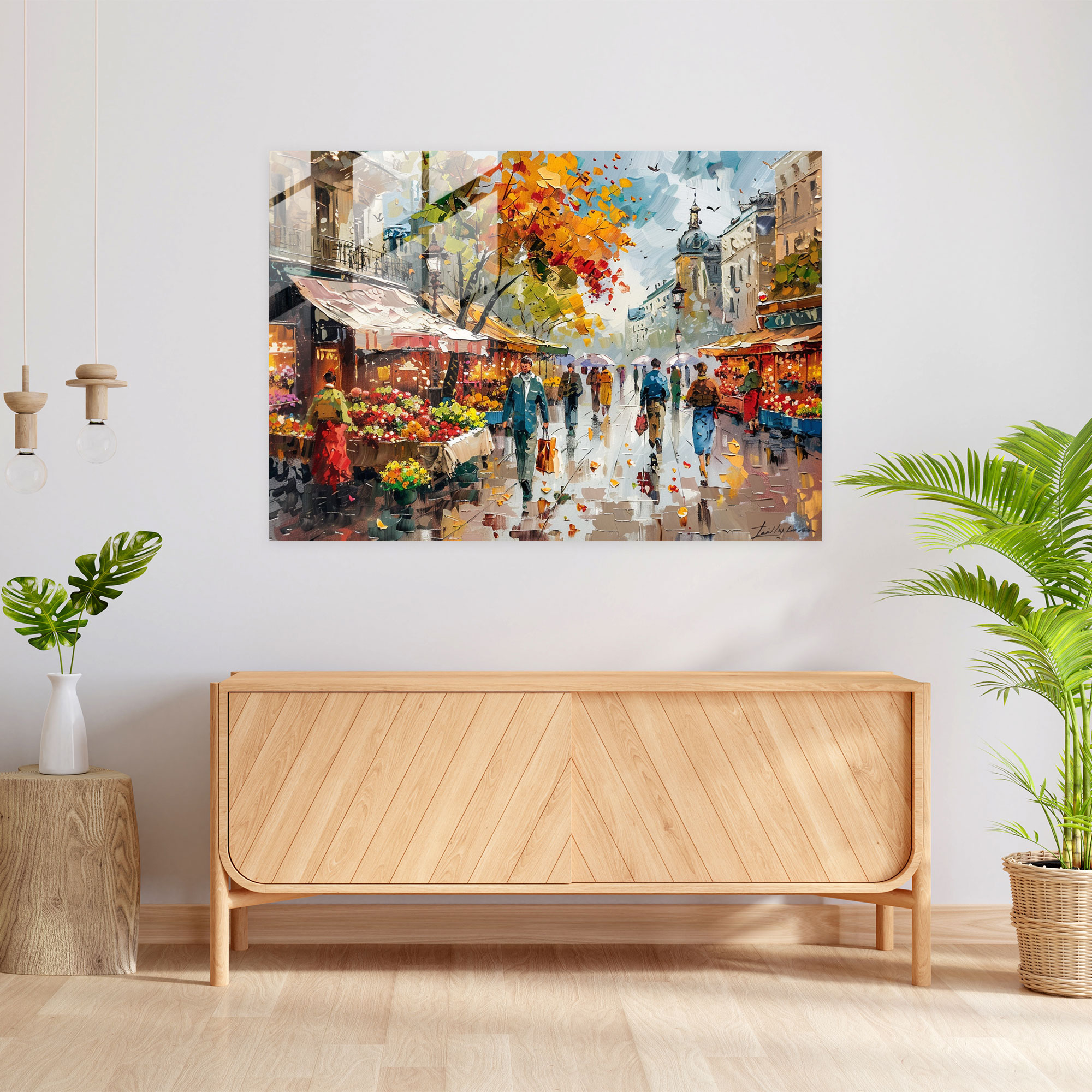 Leonid Afremov Home Decoration - Lively Street Market Scene - Leonid Afremov, Glass Print, Modern Art, Wall Decoration