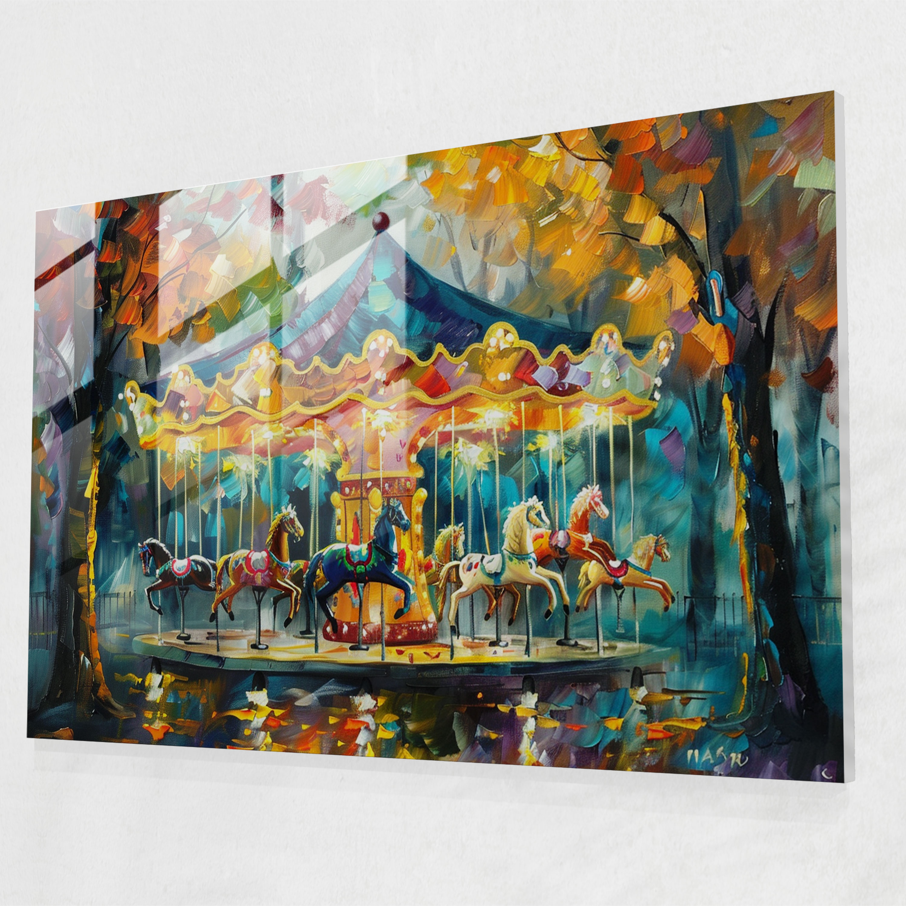 Leonid Afremov Wall Decoration - Whimsical Carousel With Colored Horses - Leonid Afremov, Modern Art, Glass Art, Glass Print