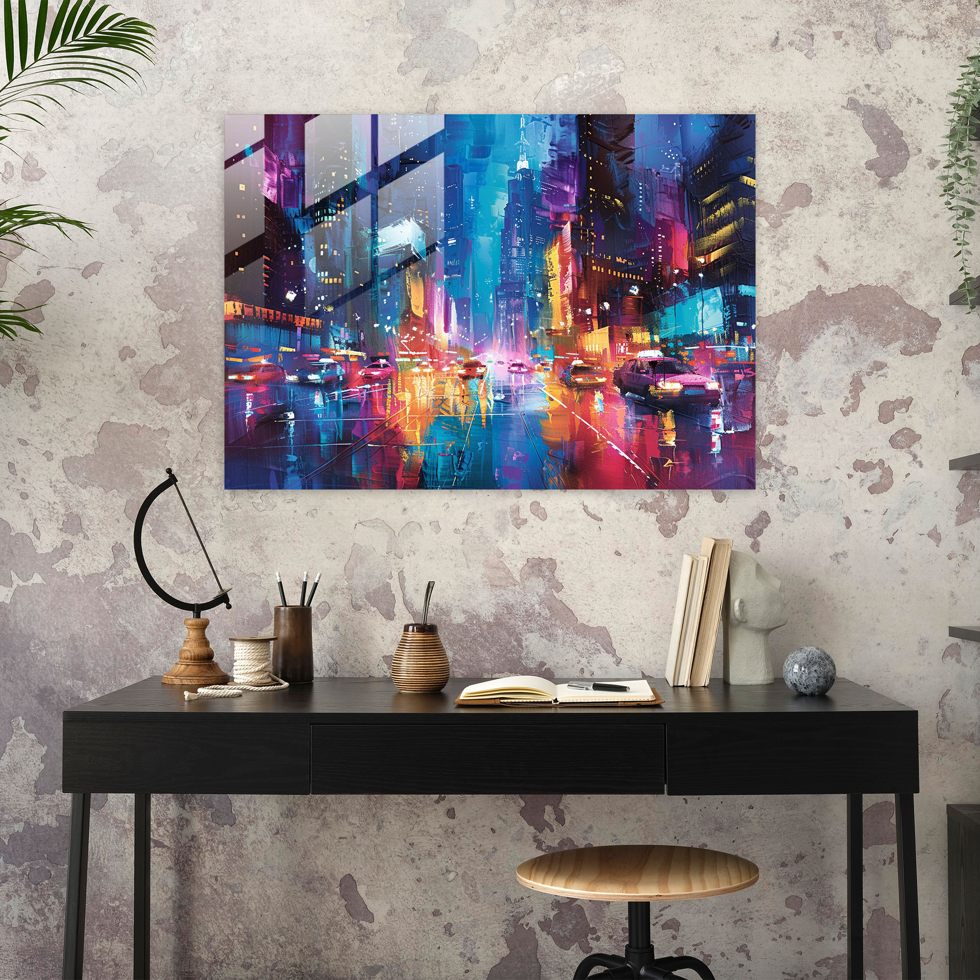 Leonid Afremov Glass Print: Colorful Cityscape At Night - Leonid Afremov, Home Decoration, Wall Decoration, Leonid Afremov