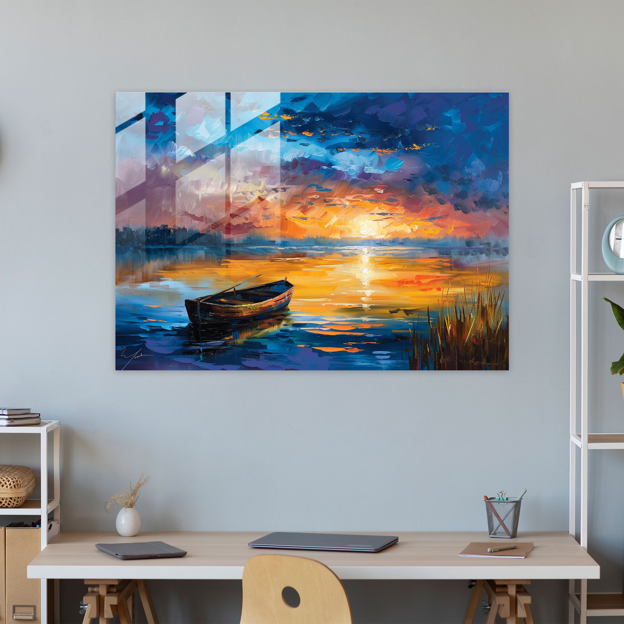 Leonid Afremov Glass Wall Art: Tranquil Sunset Lake - Leonid Afremov, Glass Wall Art, Glass Art, Glass Print