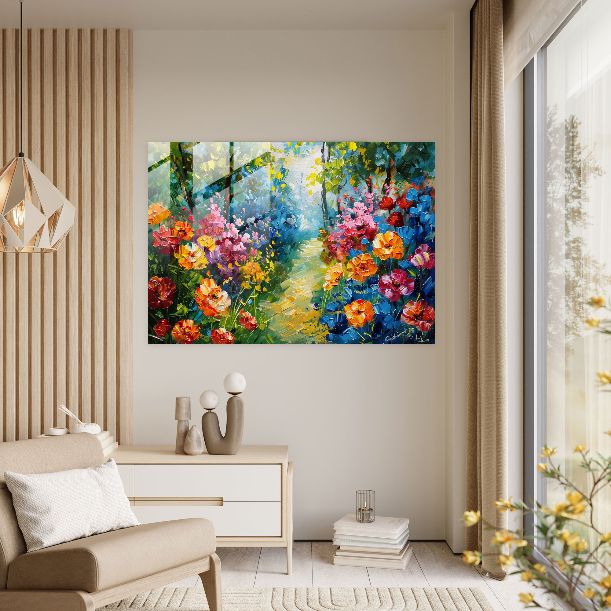 Leonid Afremov Glass Print: Vibrant Flower Garden - Leonid Afremov, Glass Wall Art, Glass Art, Glass Print
