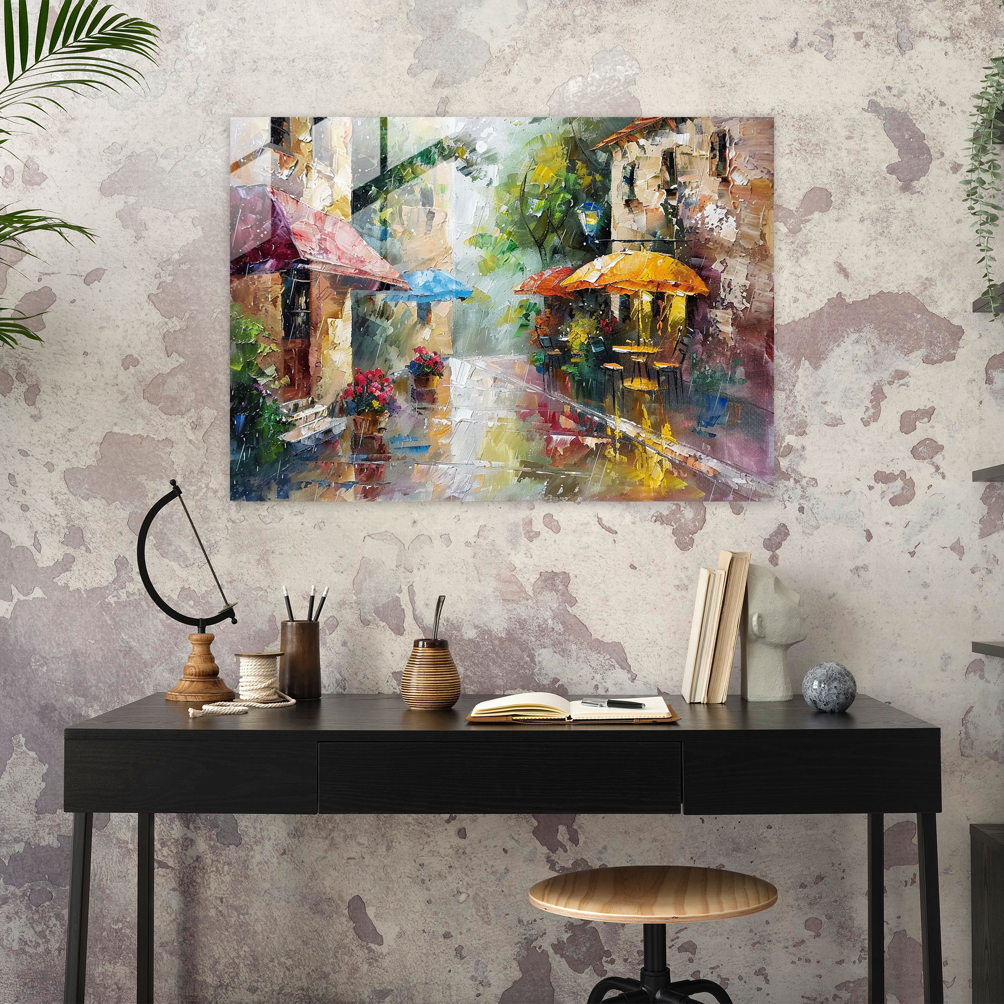Leonid Afremov Glass Wall Art: Cozy Rainy Street Scene - Leonid Afremov, Glass Art, Wall Decoration, Glass Print