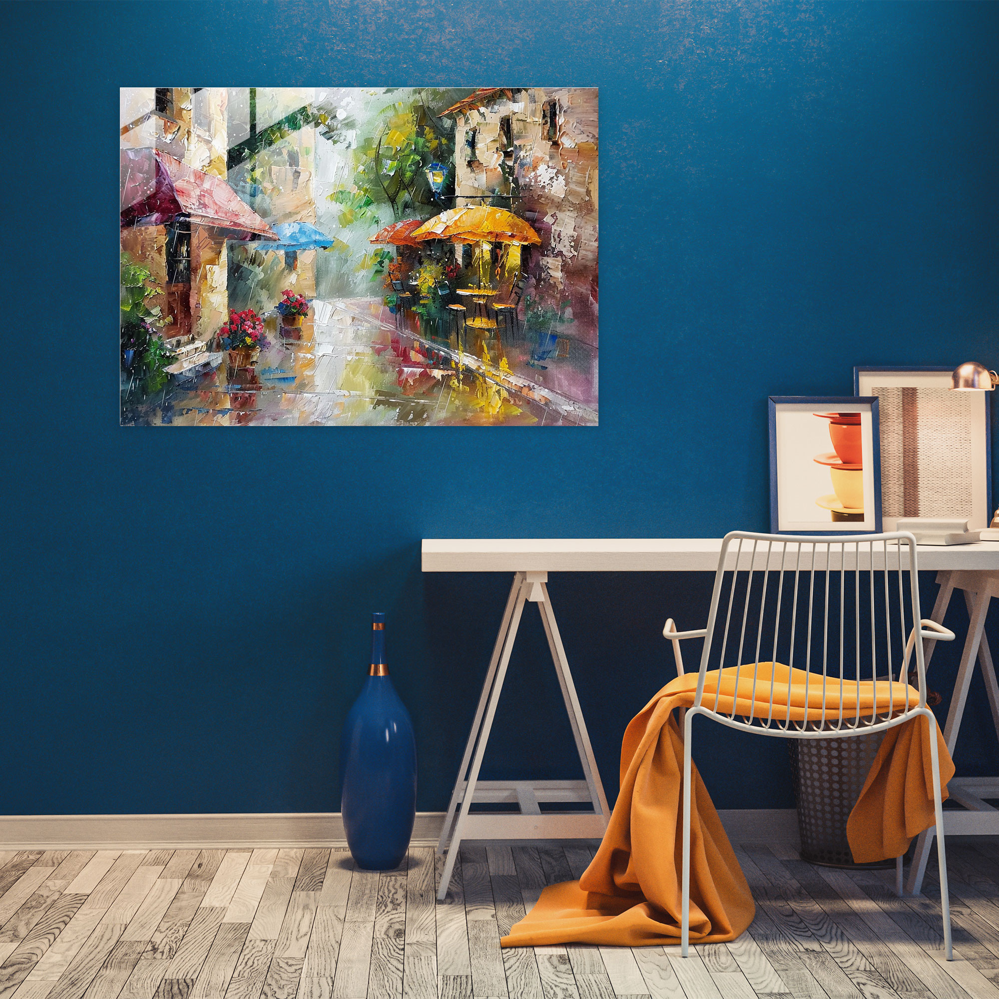 Leonid Afremov Glass Wall Art: Cozy Rainy Street Scene - Leonid Afremov, Glass Art, Wall Decoration, Glass Print