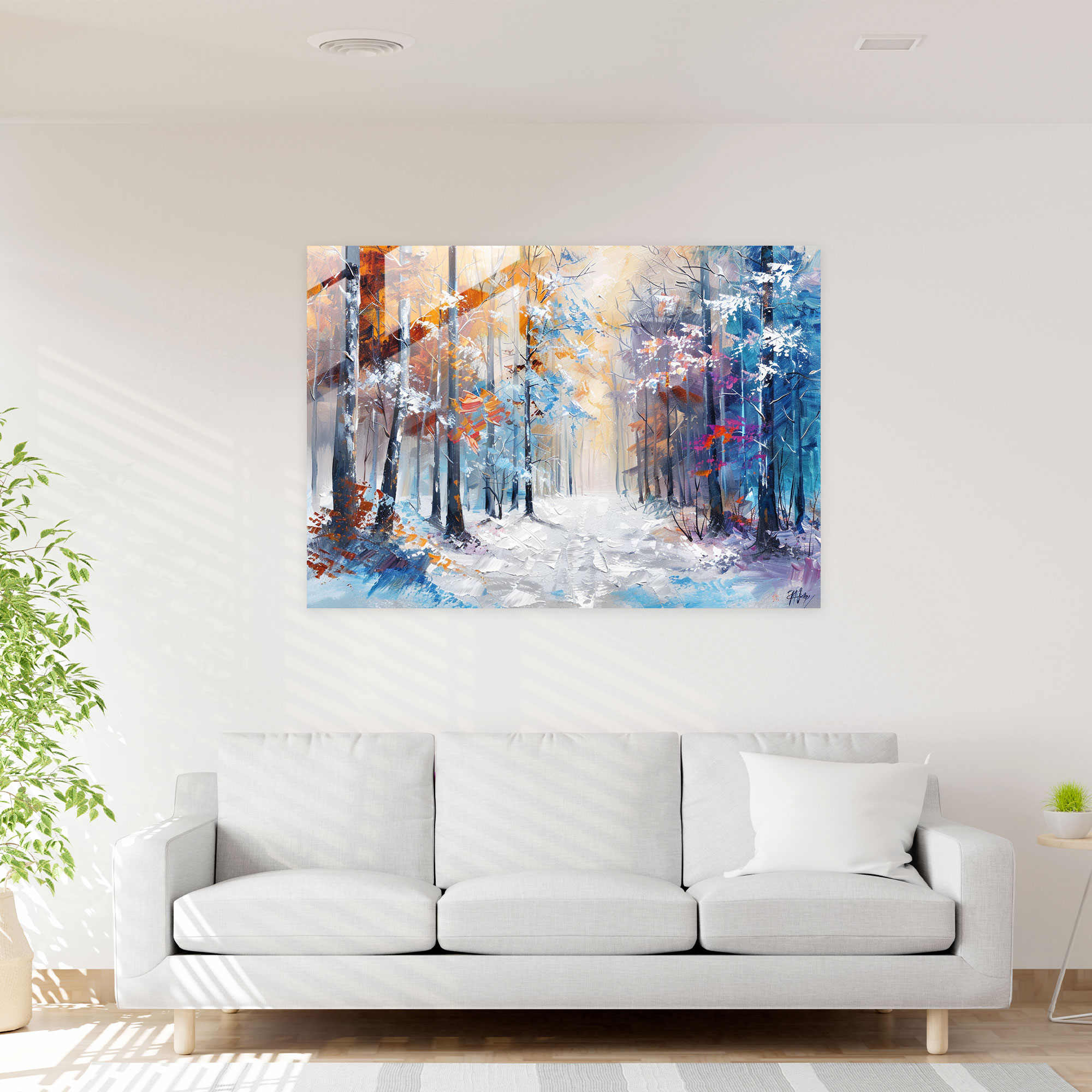 Leonid Afremov Glass Print: Enchanting Winter Forest - Leonid Afremov, Wall Decoration, Glass Wall Art, Leonid Afremov