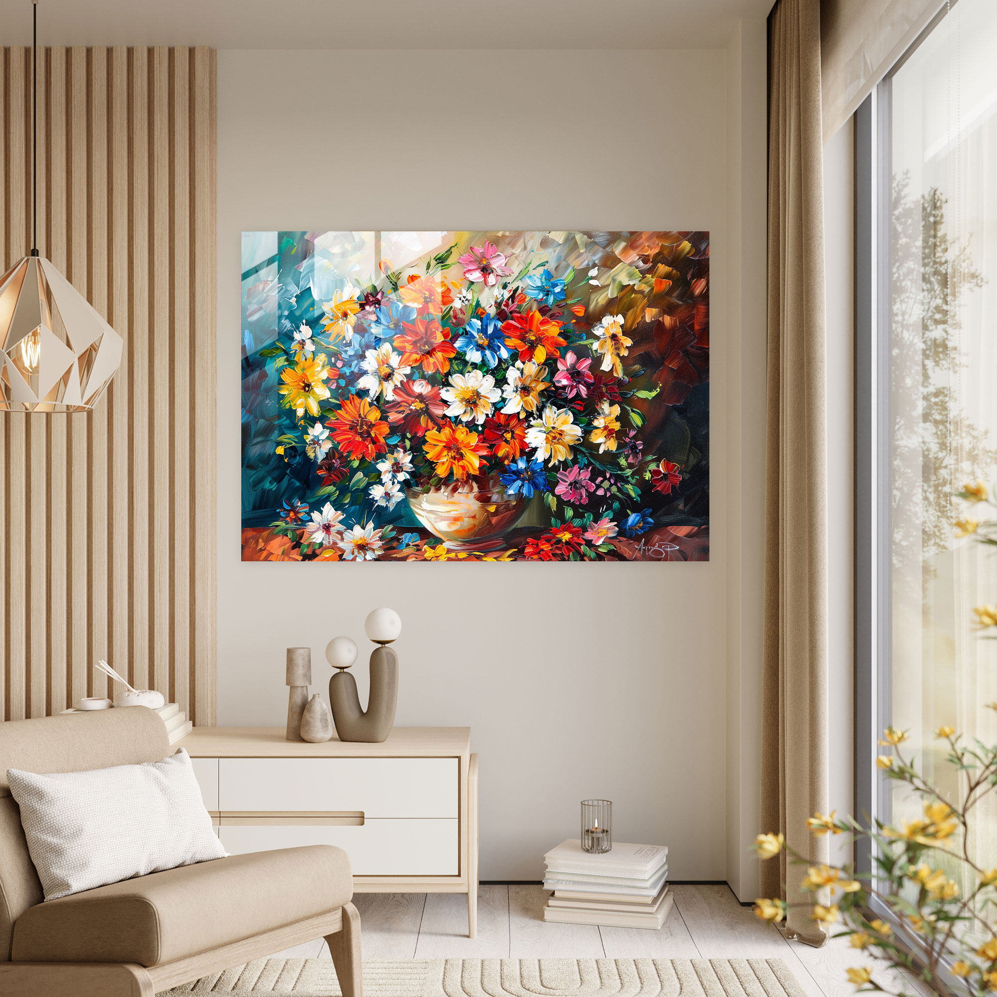 Leonid Afremov Glass Print: Colorful Flowers Glass Wall Art - Leonid Afremov, Wall Decoration, Glass Wall Art, Glass Art