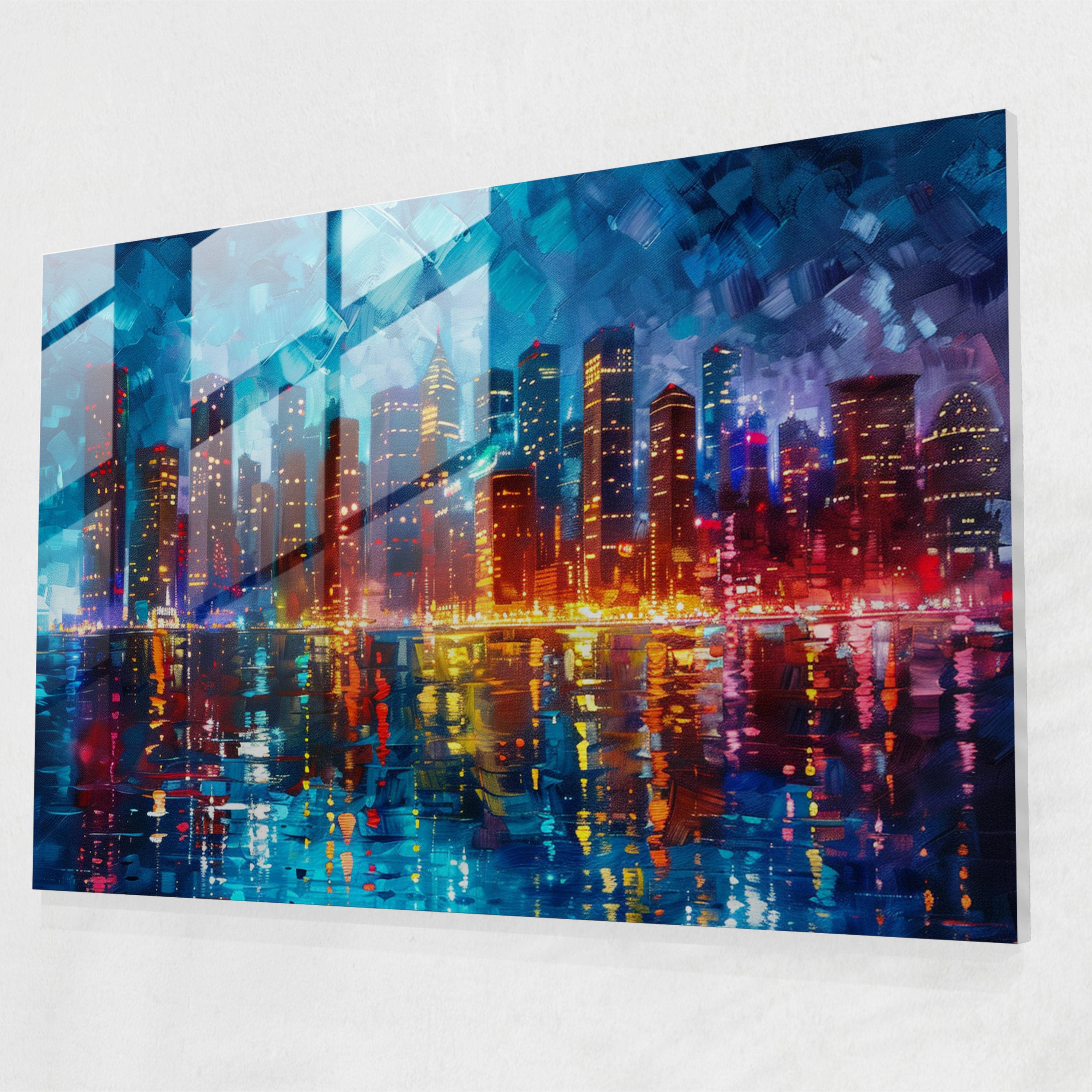 Leonid Afremov Glass Print: Vibrant City Skyline Glass Wall Art - Leonid Afremov, Leonid Afremov, Modern Art, Glass Art
