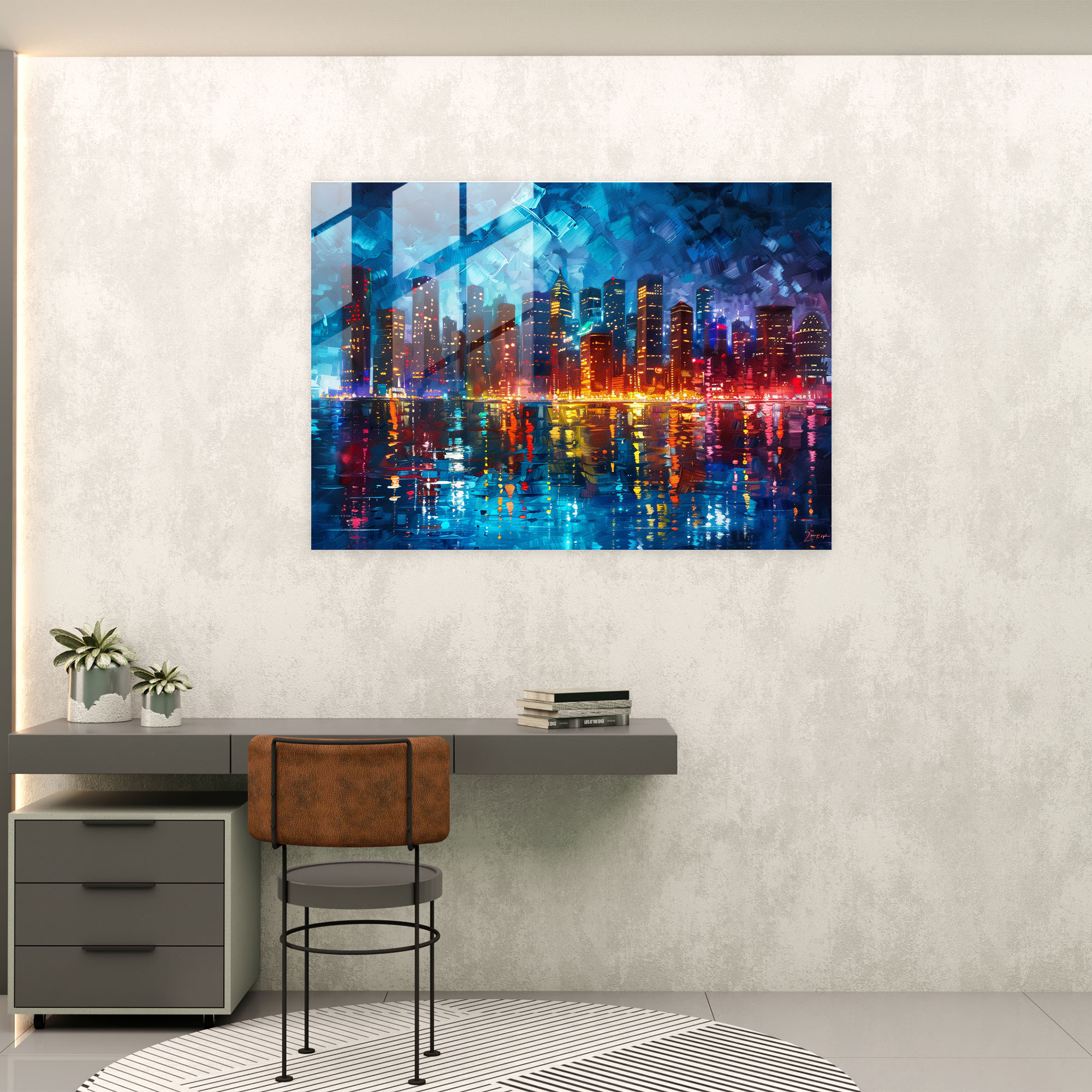 Leonid Afremov Glass Print: Vibrant City Skyline Glass Wall Art - Leonid Afremov, Leonid Afremov, Modern Art, Glass Art