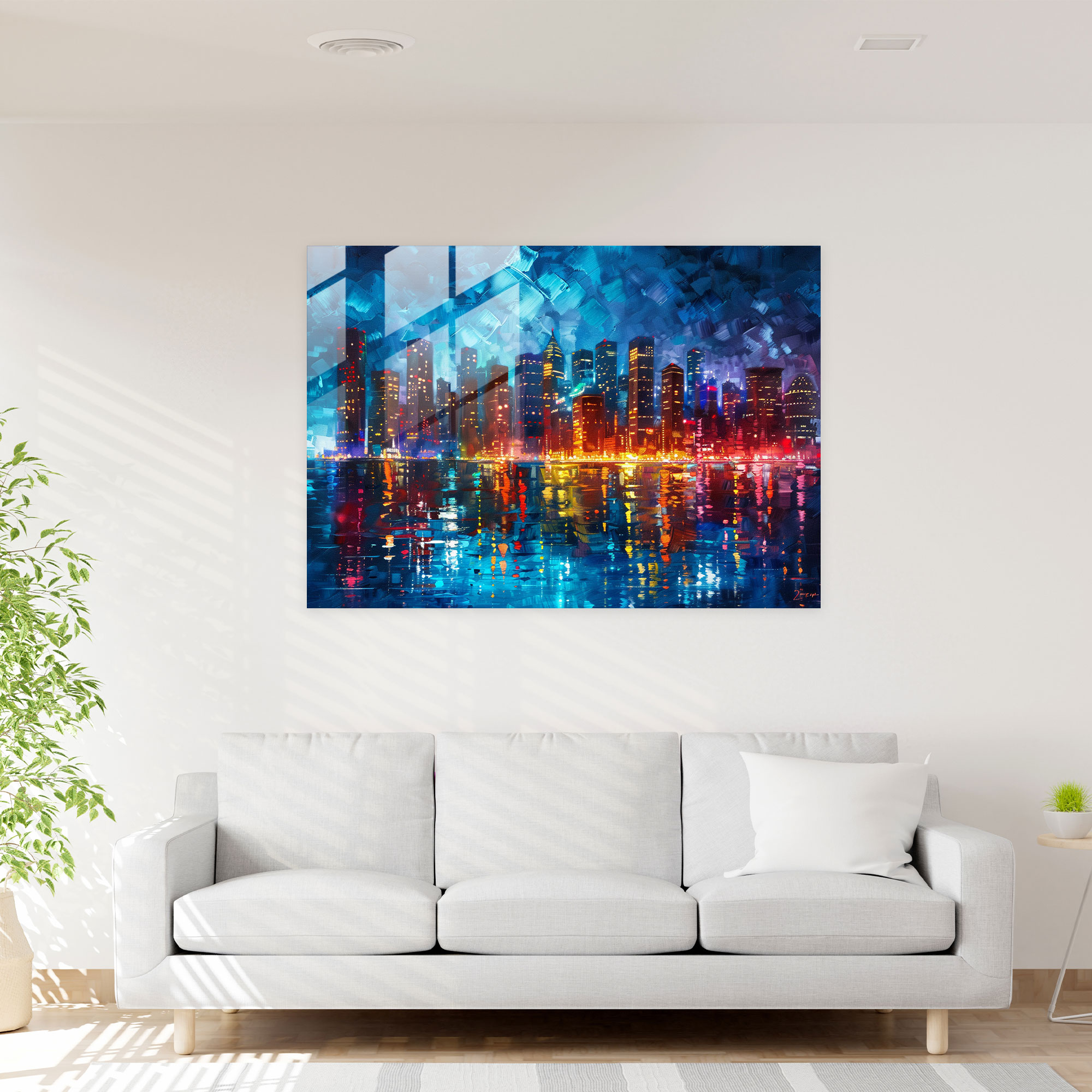 Leonid Afremov Glass Print: Vibrant City Skyline Glass Wall Art - Leonid Afremov, Leonid Afremov, Modern Art, Glass Art