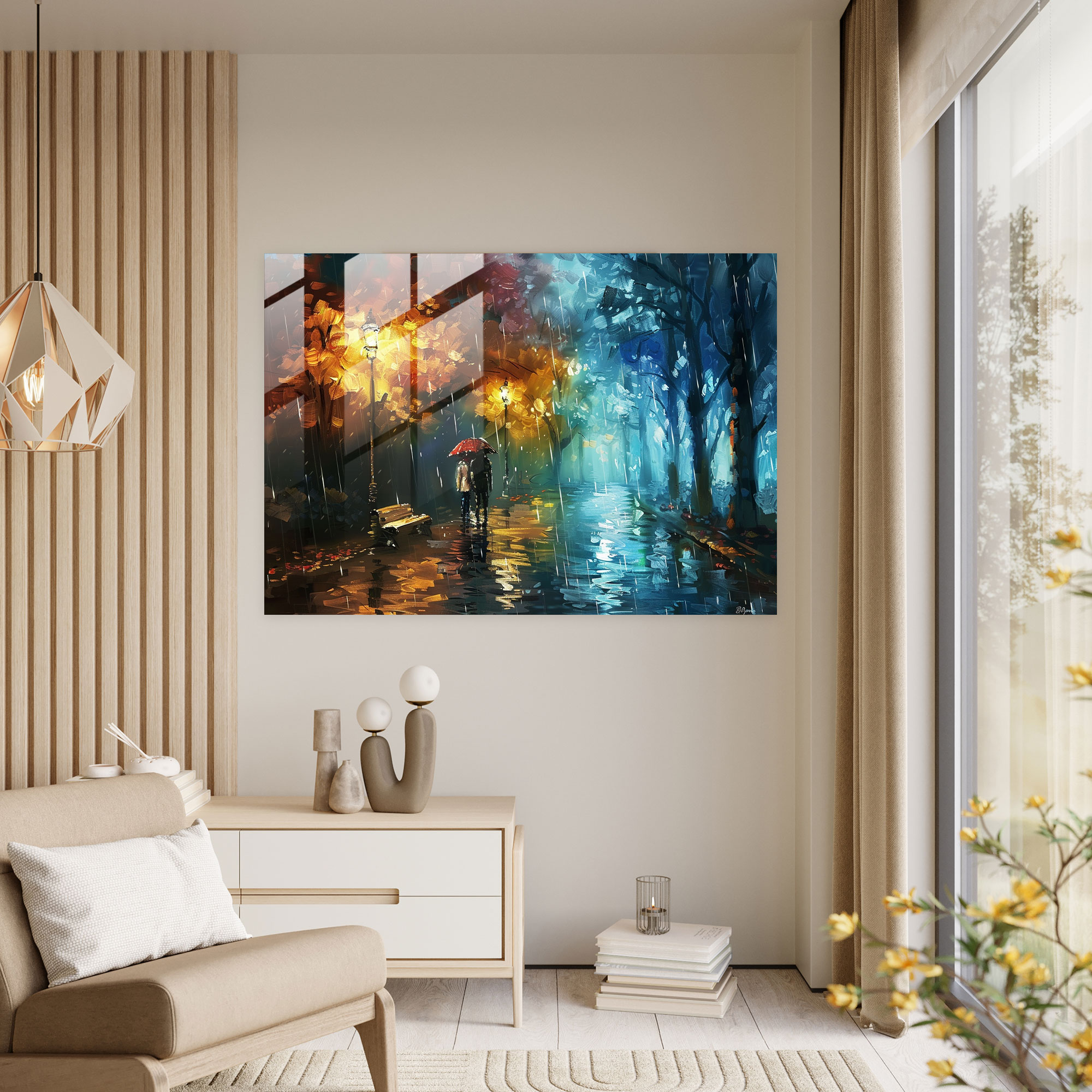 Leonid Afremov Glass Wall Art - Rainy Night In The Park Glass Print - Leonid Afremov, Leonid Afremov, Wall Decoration, Home Decoration