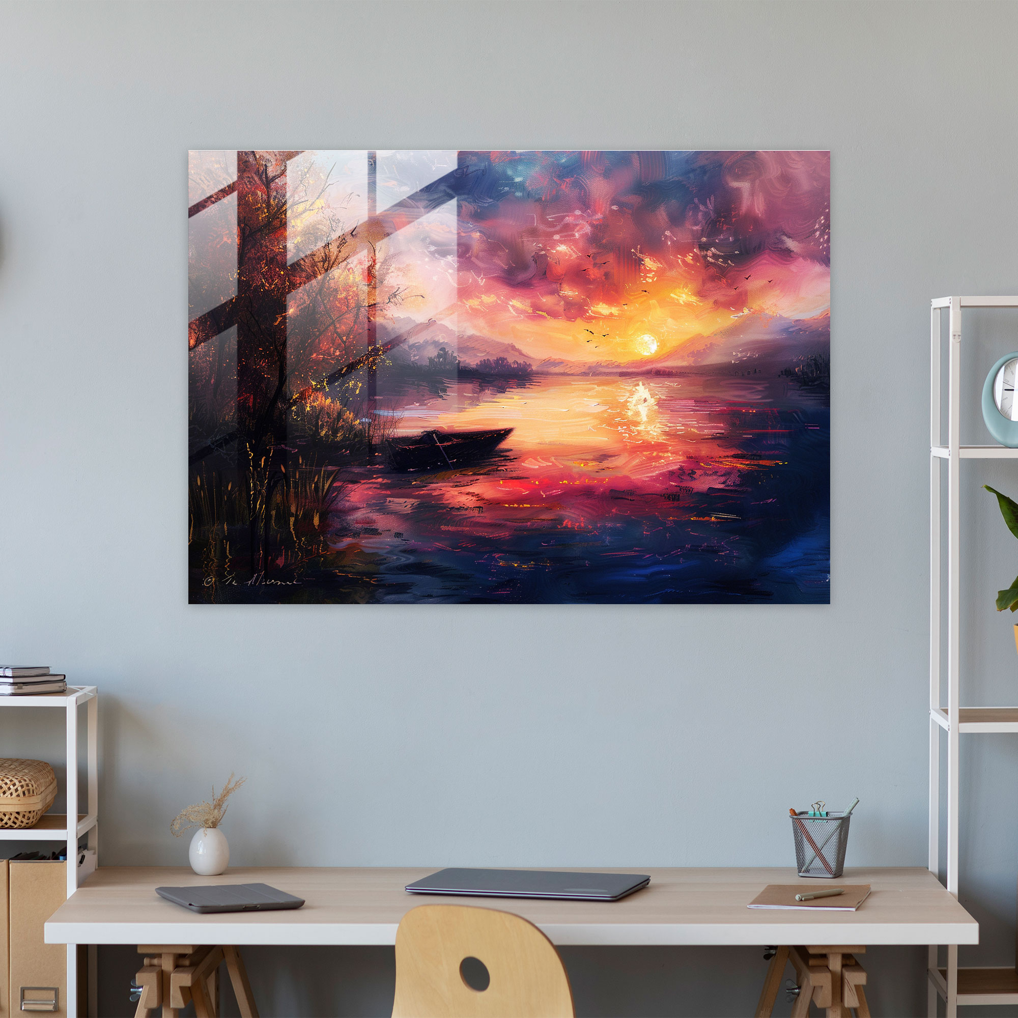 Leonid Afremov Glass Print Lakeside Sunset Wall Art - Leonid Afremov, Wall Decoration, Leonid Afremov, Home Decoration