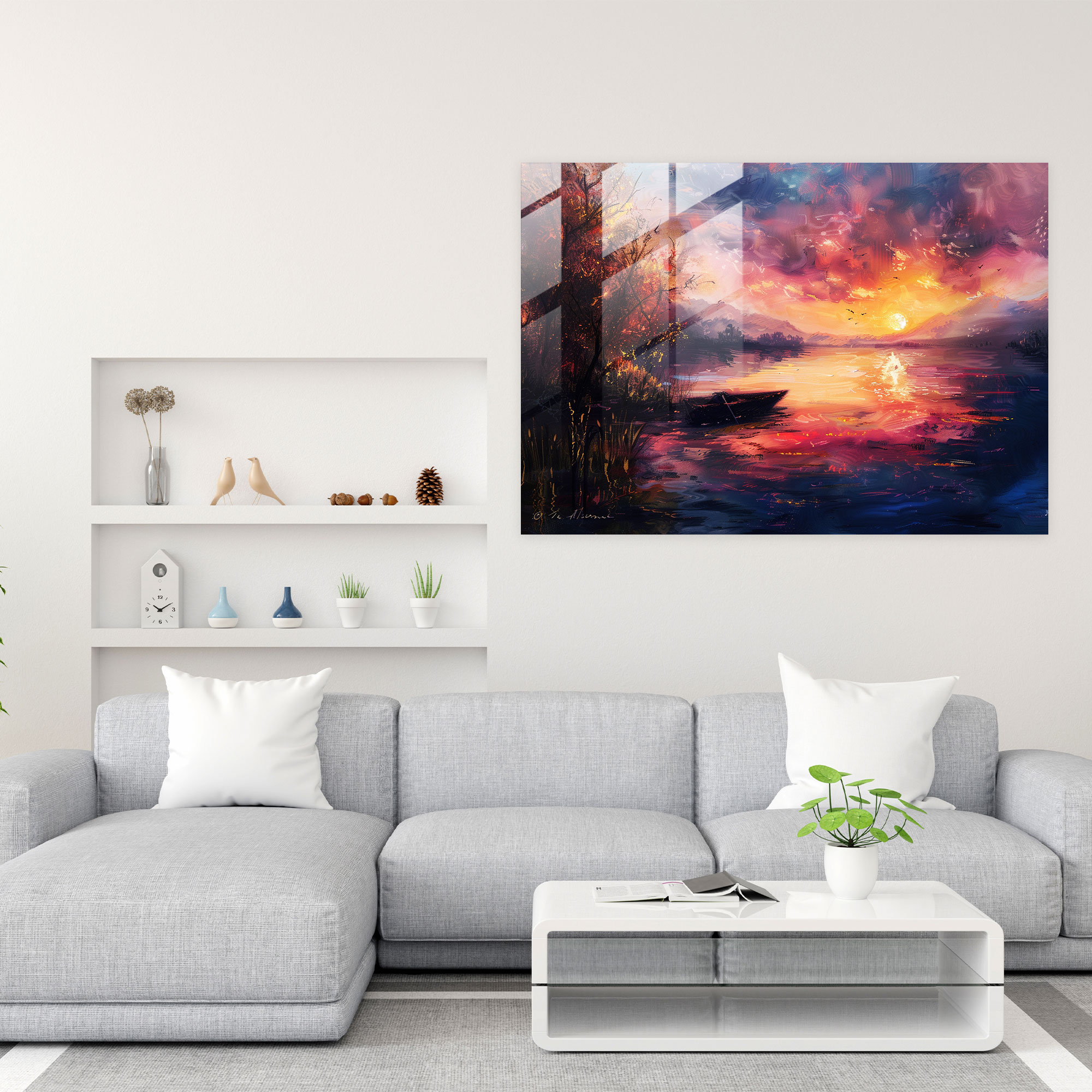 Leonid Afremov Glass Print Lakeside Sunset Wall Art - Leonid Afremov, Wall Decoration, Leonid Afremov, Home Decoration