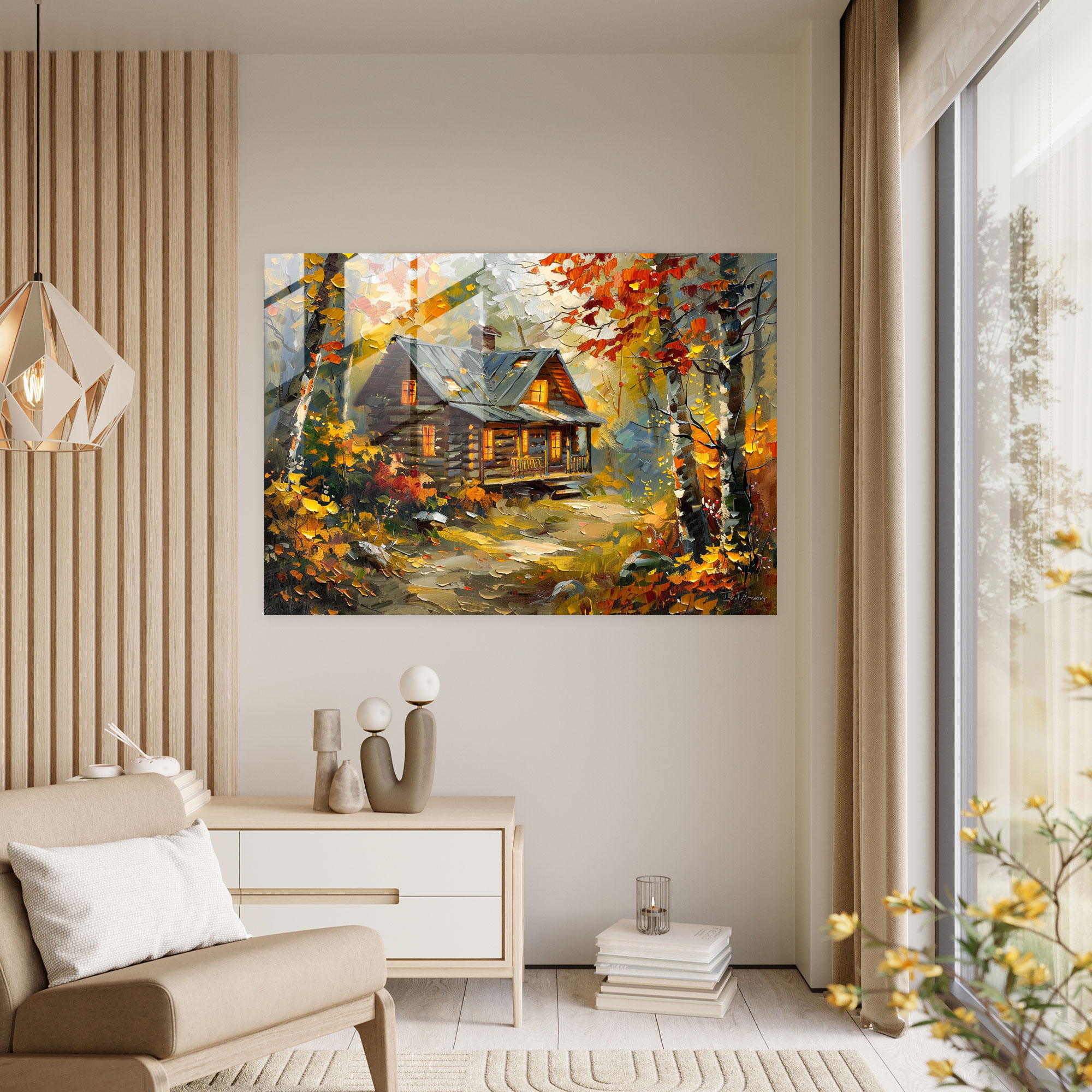 Leonid Afremov Glass Print Cabin In The Woods - Leonid Afremov, Glass Print, Modern Art, Home Decoration