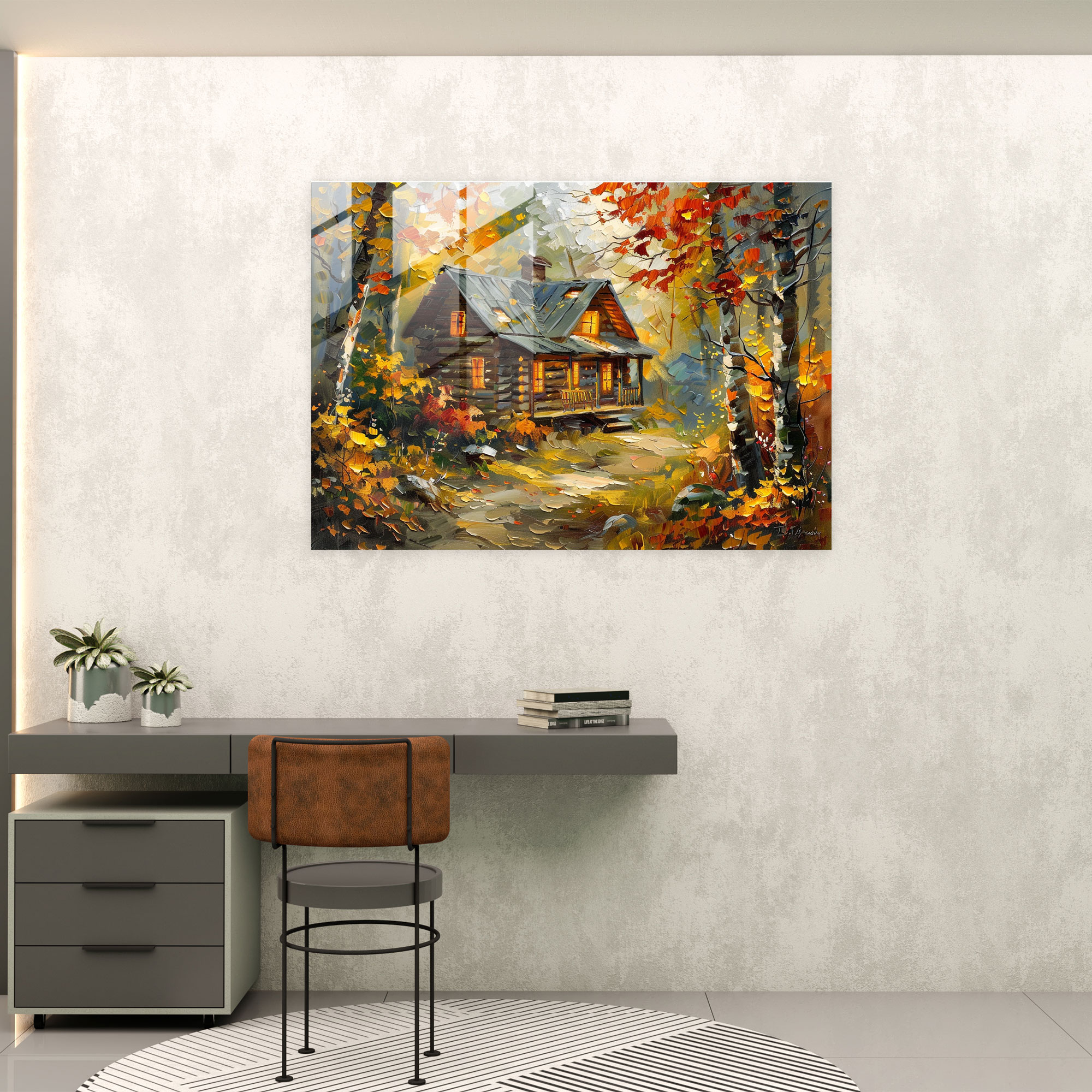 Leonid Afremov Glass Print Cabin In The Woods - Leonid Afremov, Glass Print, Modern Art, Home Decoration