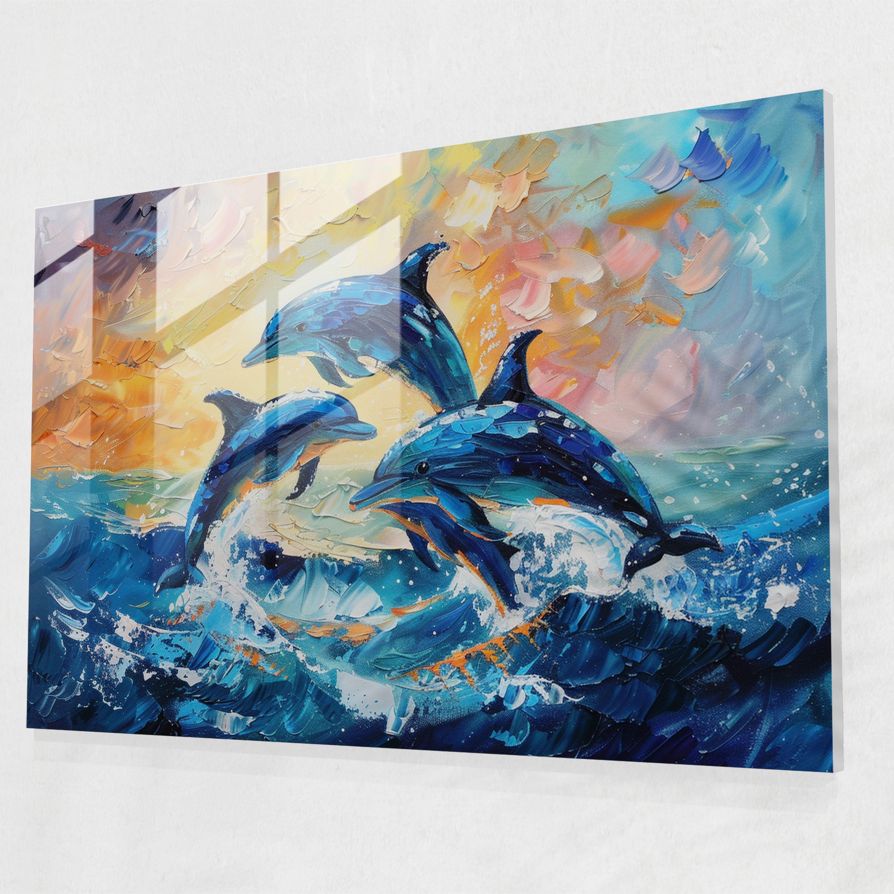 Leonid Afremov Glass Wall Art: Playful Dolphins Glass Print - Leonid Afremov, Glass Wall Art, Wall Decoration, Leonid Afremov