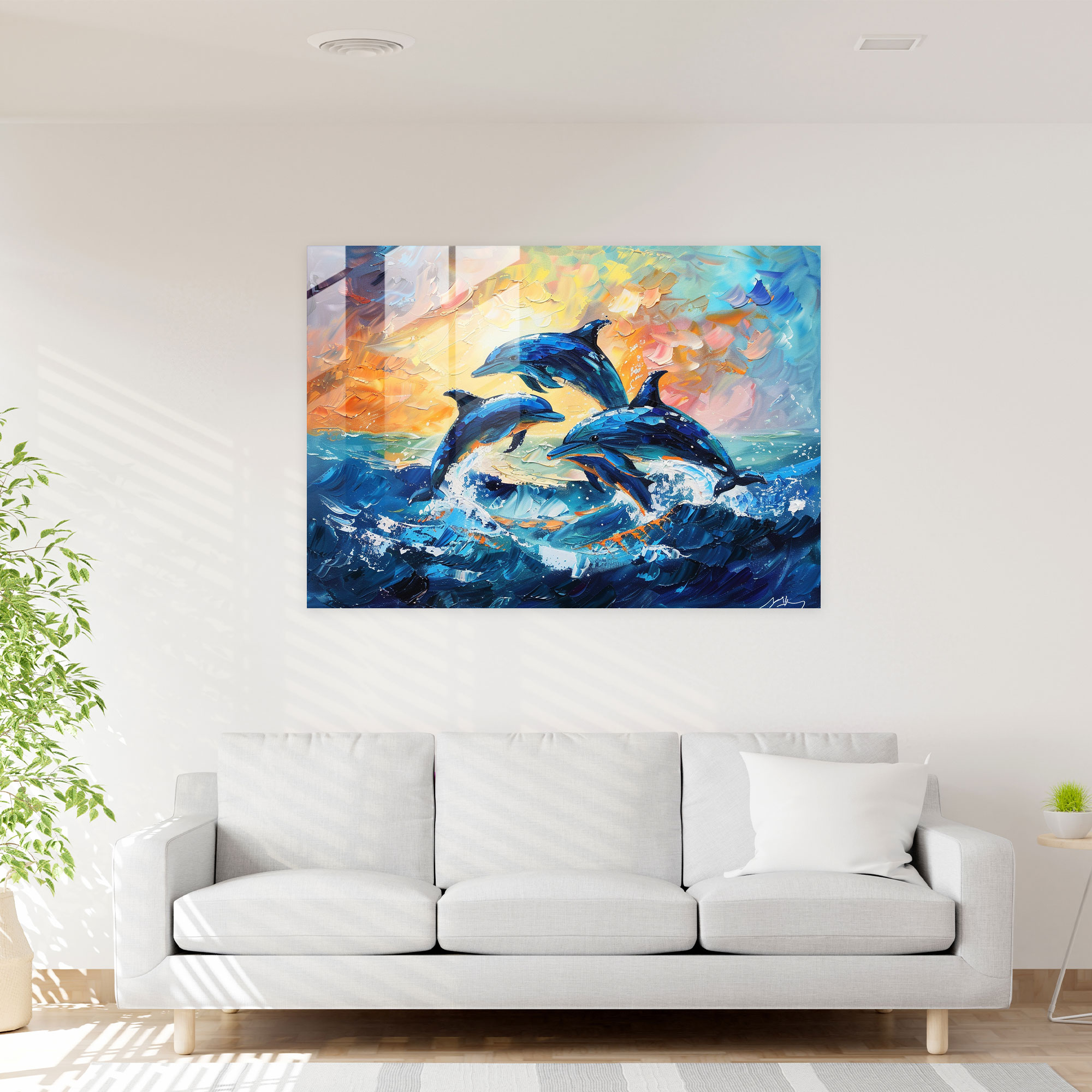 Leonid Afremov Glass Wall Art: Playful Dolphins Glass Print - Leonid Afremov, Glass Wall Art, Wall Decoration, Leonid Afremov