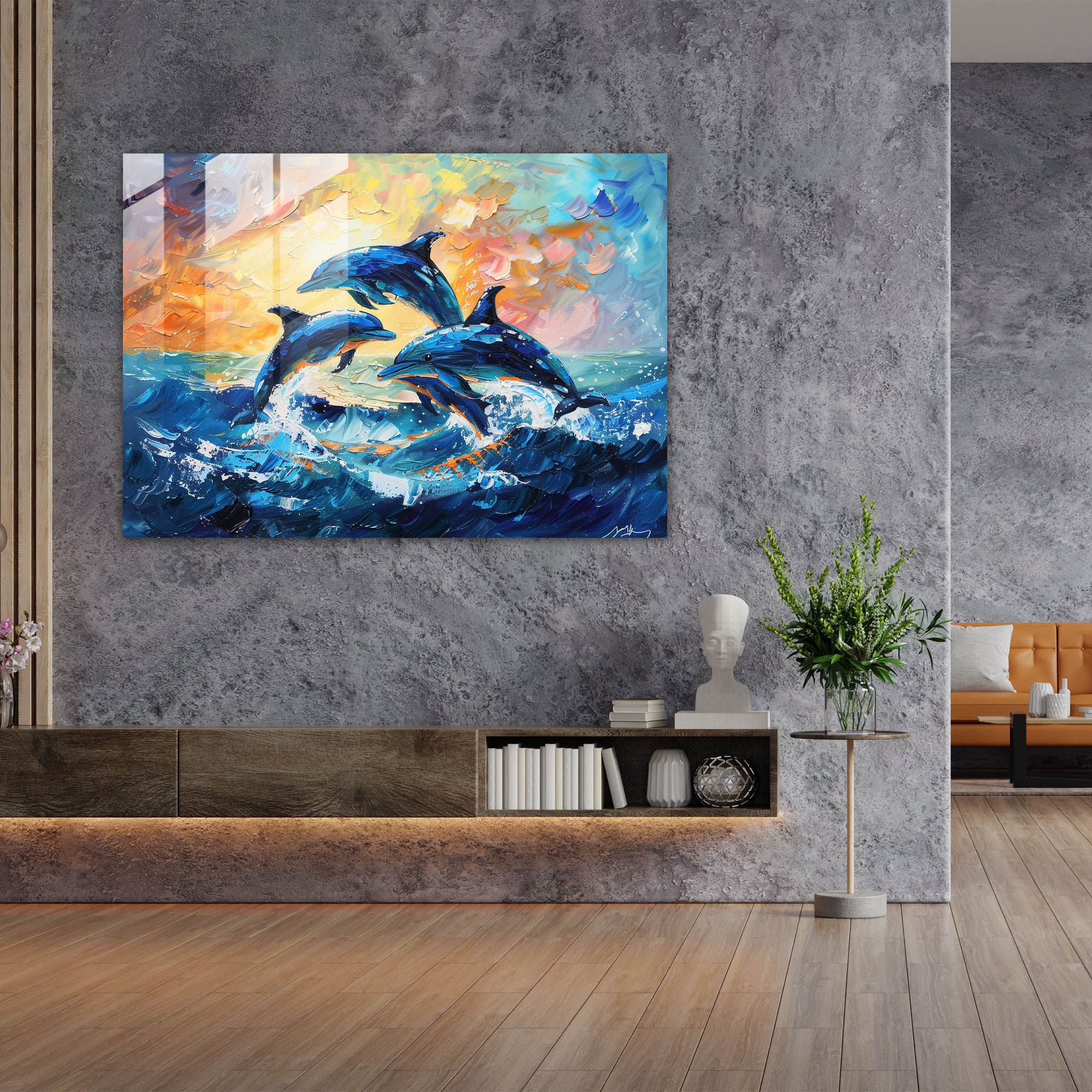 Leonid Afremov Glass Wall Art: Playful Dolphins Glass Print - Leonid Afremov, Glass Wall Art, Wall Decoration, Leonid Afremov