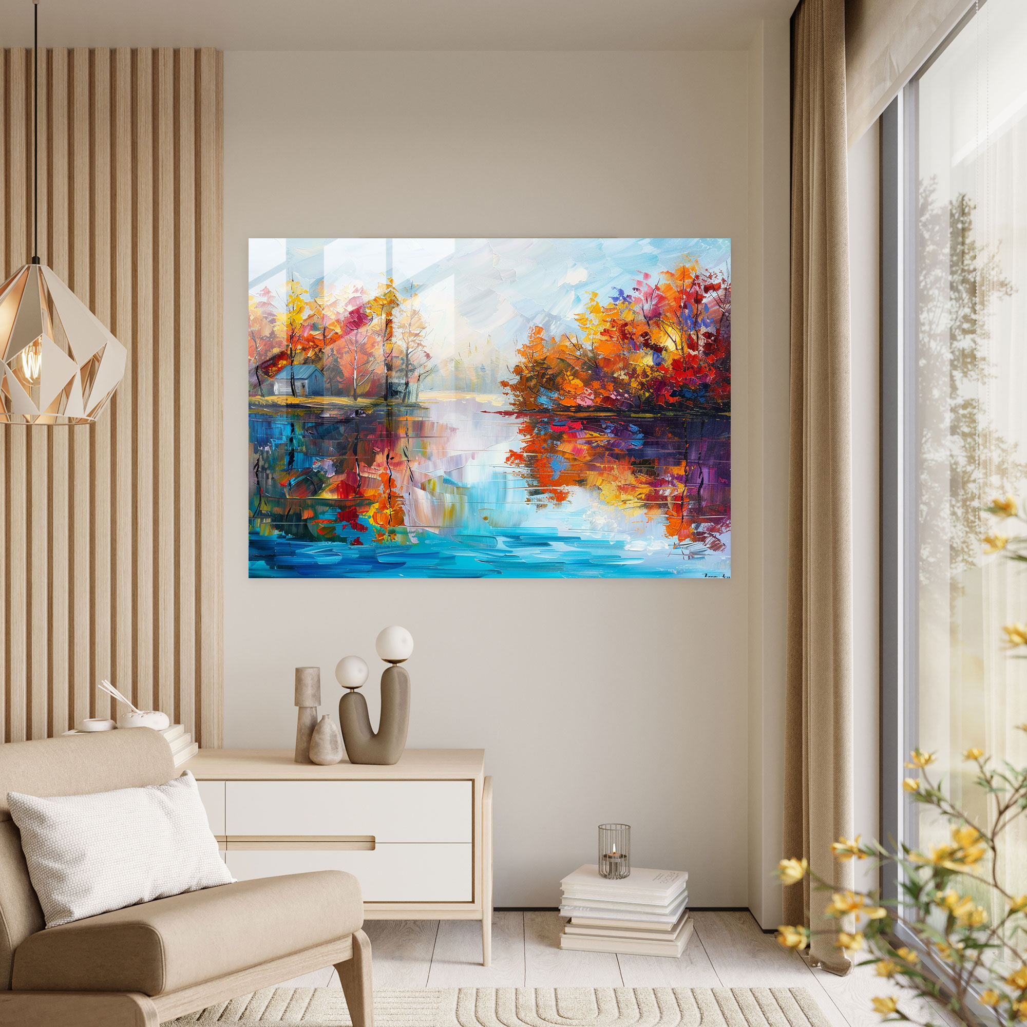 Leonid Afremov Glass Wall Art - Tranquil Lakeside Reflections - Leonid Afremov, Leonid Afremov, Wall Decoration, Glass Wall Art