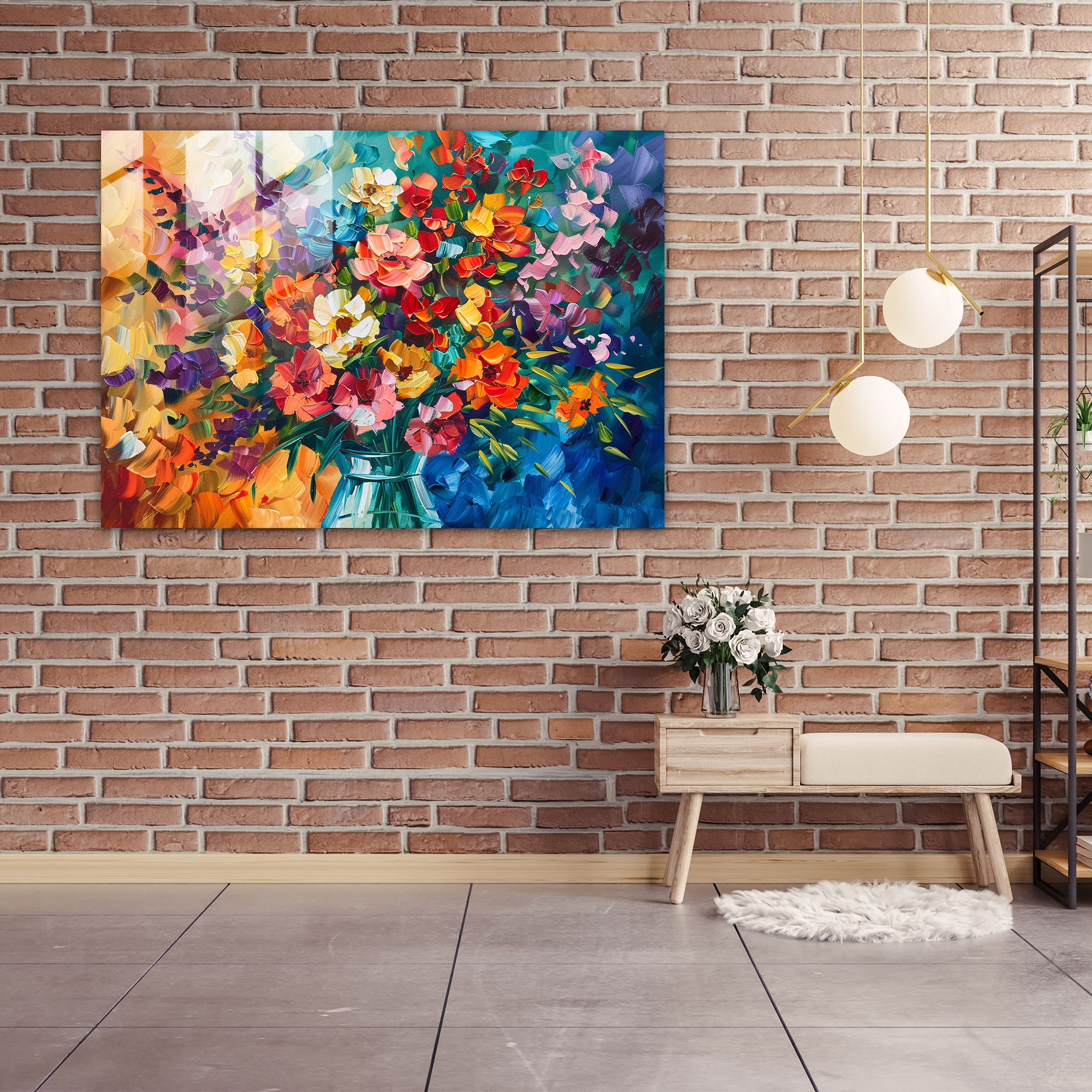 Leonid Afremov Glass Wall Art - Vibrant Bouquet In Vase - Leonid Afremov, Home Decoration, Glass Wall Art, Flowers In Vase