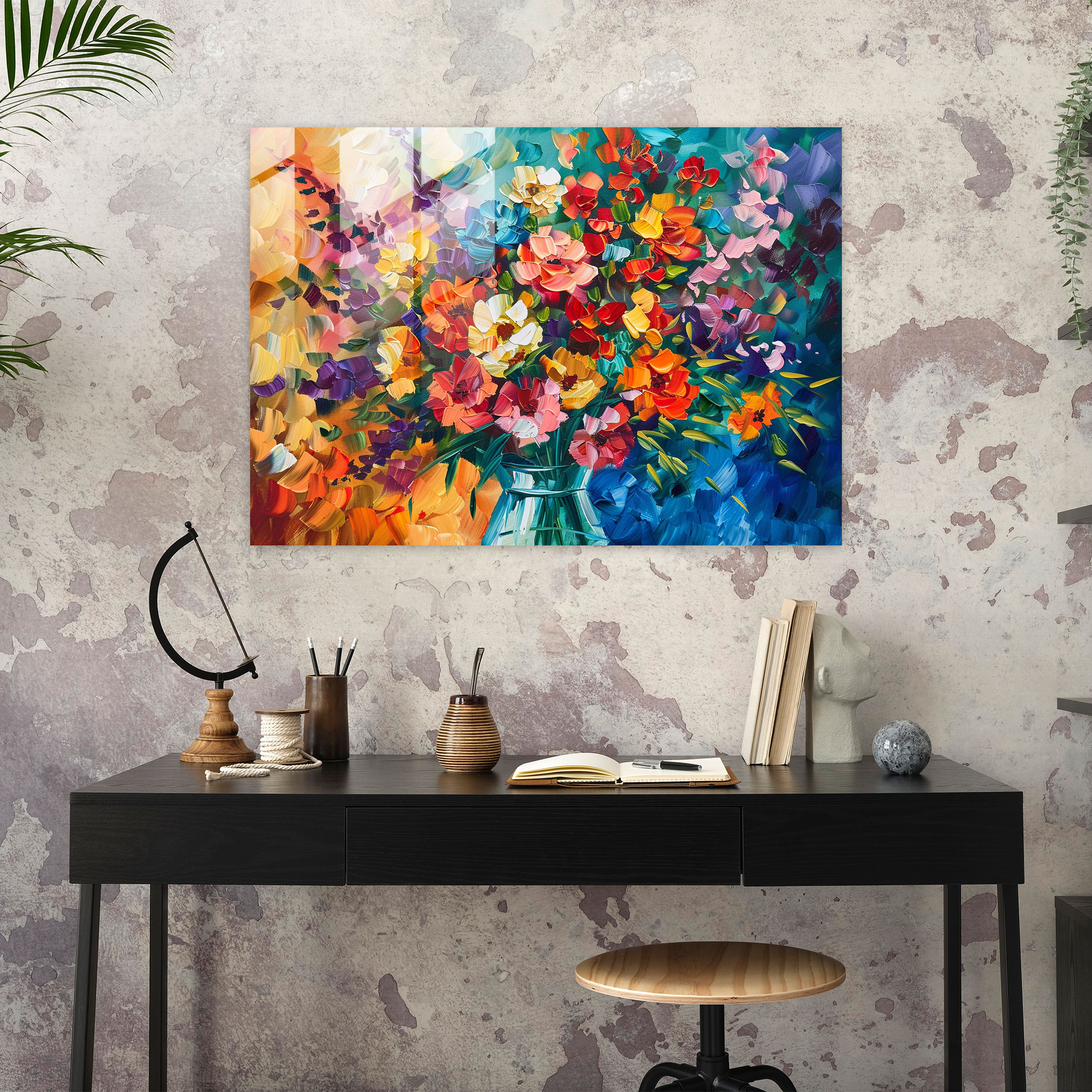 Leonid Afremov Glass Wall Art - Vibrant Bouquet In Vase - Leonid Afremov, Home Decoration, Glass Wall Art, Flowers In Vase