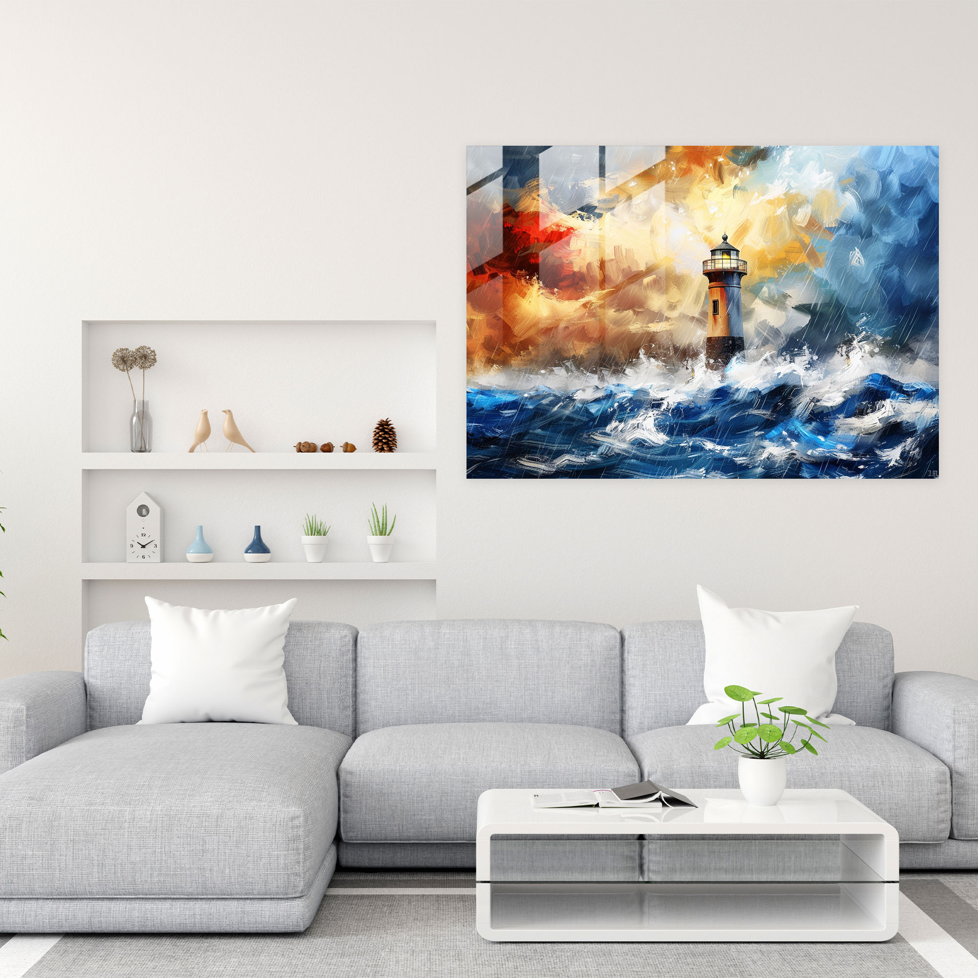 Leonid Afremov Glass Print - Majestic Lighthouse Stormy Sea - Leonid Afremov, Stormy Sea, Leonid Afremov, Glass Wall Art