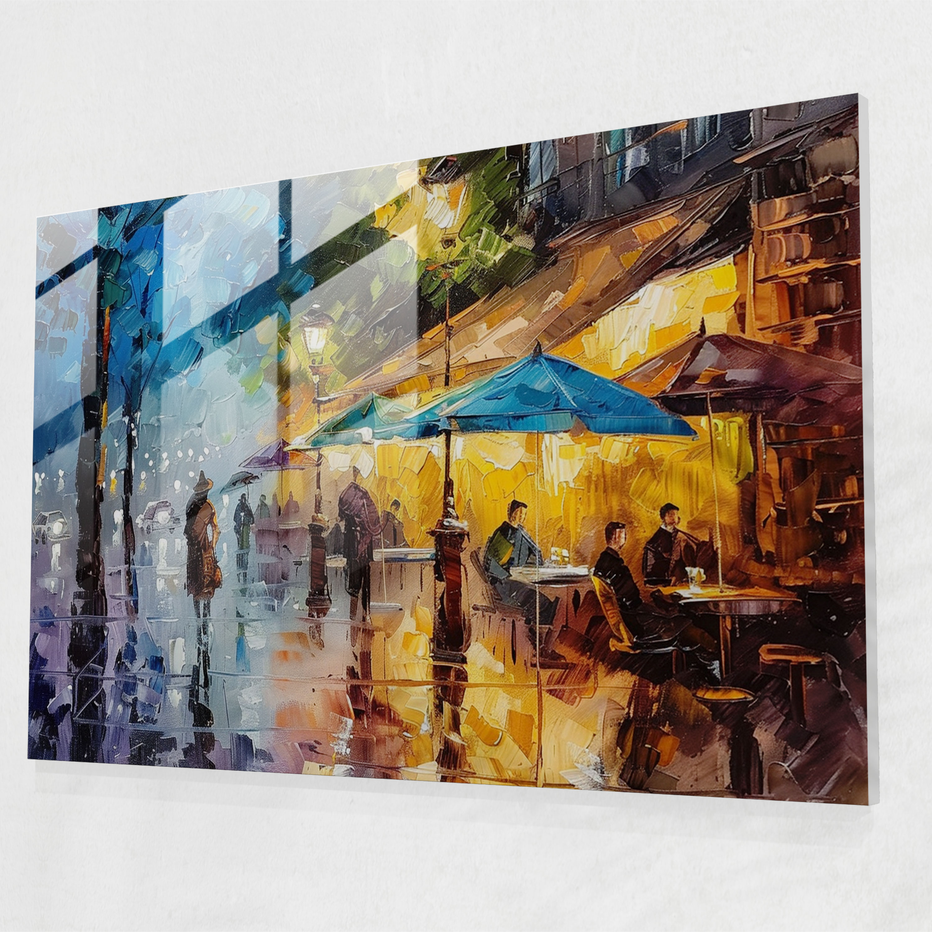 Leonid Afremov Glass Wall Art - Cozy Cafe People Umbrellas - Leonid Afremov, Glass Art, Umbrellas, Cozy Cafe