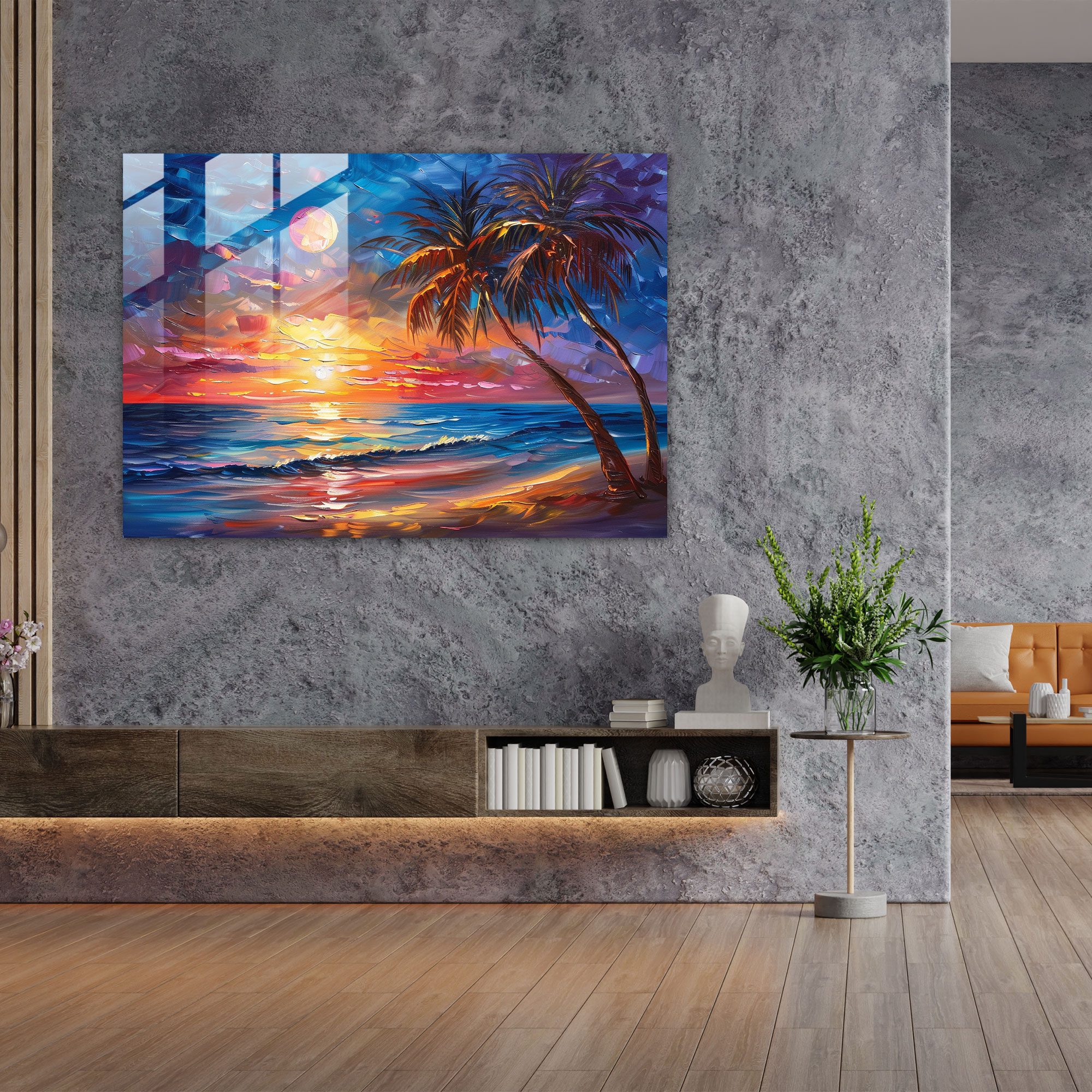 Leonid Afremov Glass Wall Art - Serene Beach Sunset Palm Trees - Leonid Afremov, Glass Wall Art, Modern Art, Home Decoration