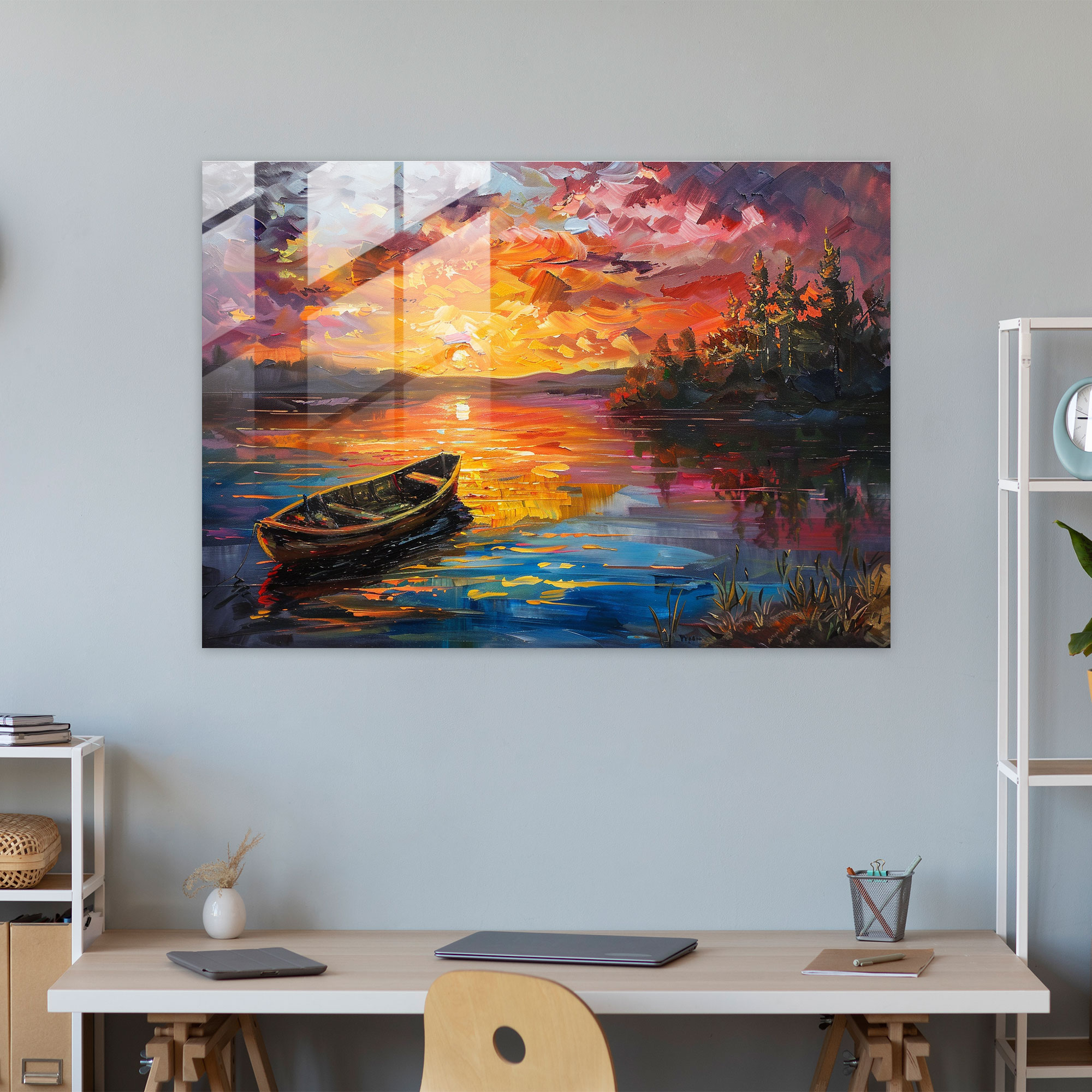 Lakeside Sunset Glass Wall Art - Leonid Afremov, Sunset, Home Decoration, Glass Wall Art