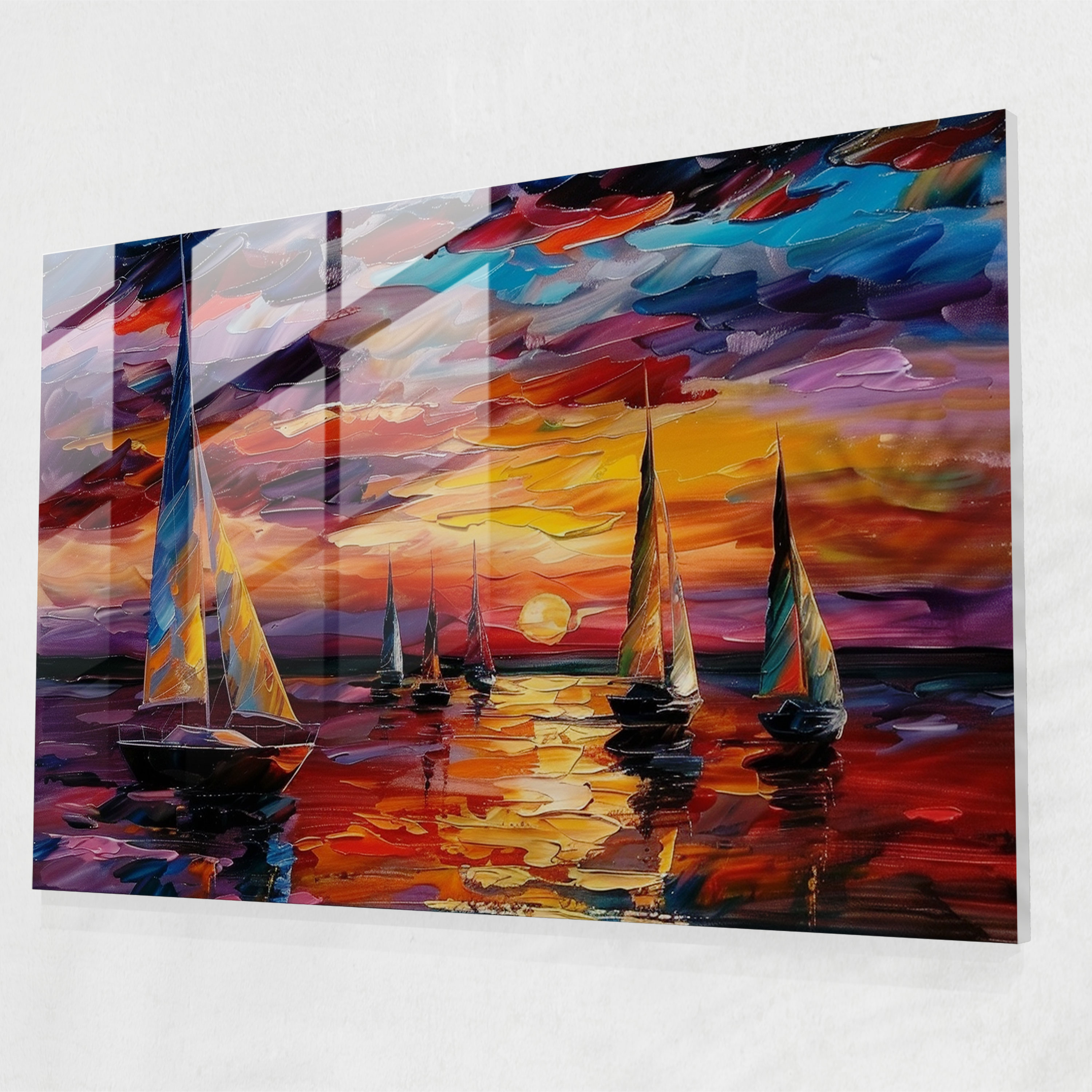 Colorful Sailboats Glass Print - Leonid Afremov, Modern Art, Sailboats, Glass Wall Art