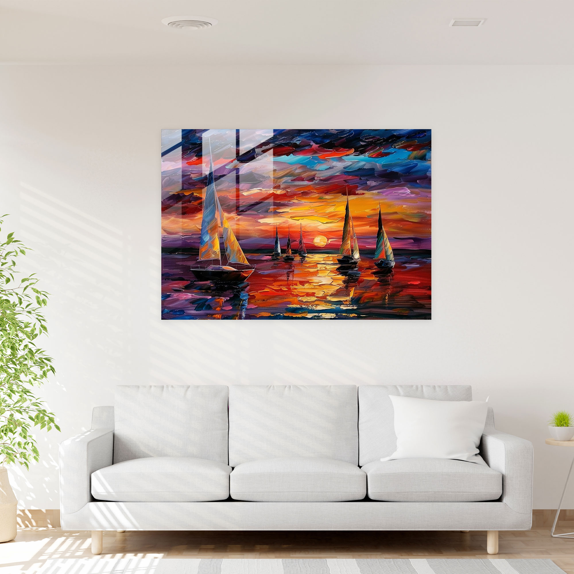 Colorful Sailboats Glass Print - Leonid Afremov, Modern Art, Sailboats, Glass Wall Art