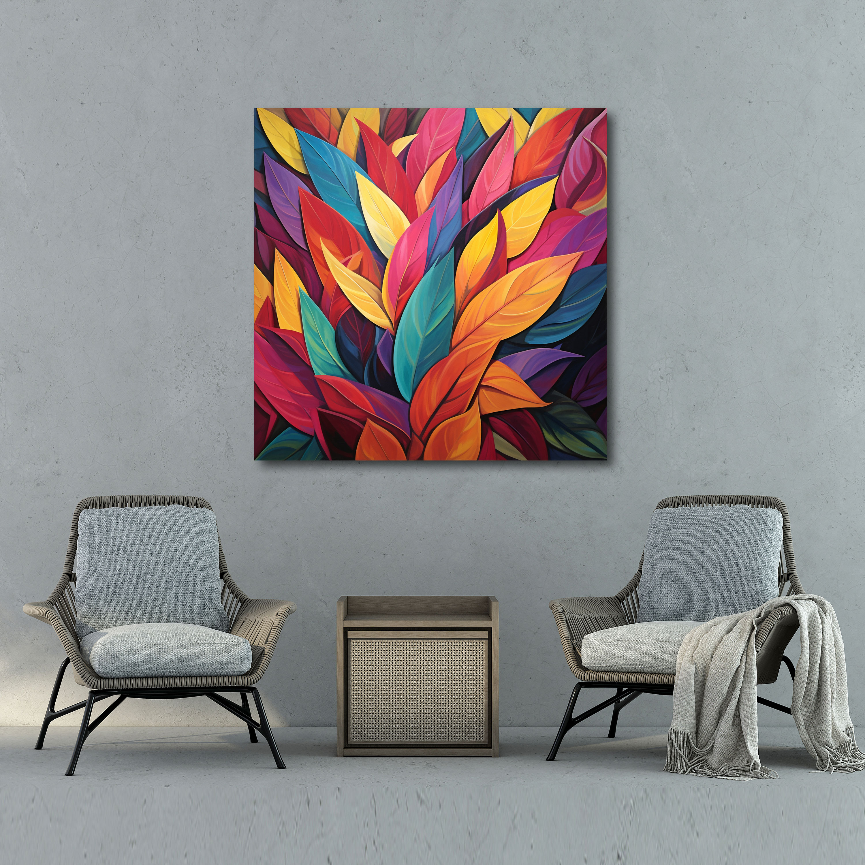 Lebendige Blätter Wanddekoration - Blätter Wandkunst Leinwandbild geometrische Anordnung
