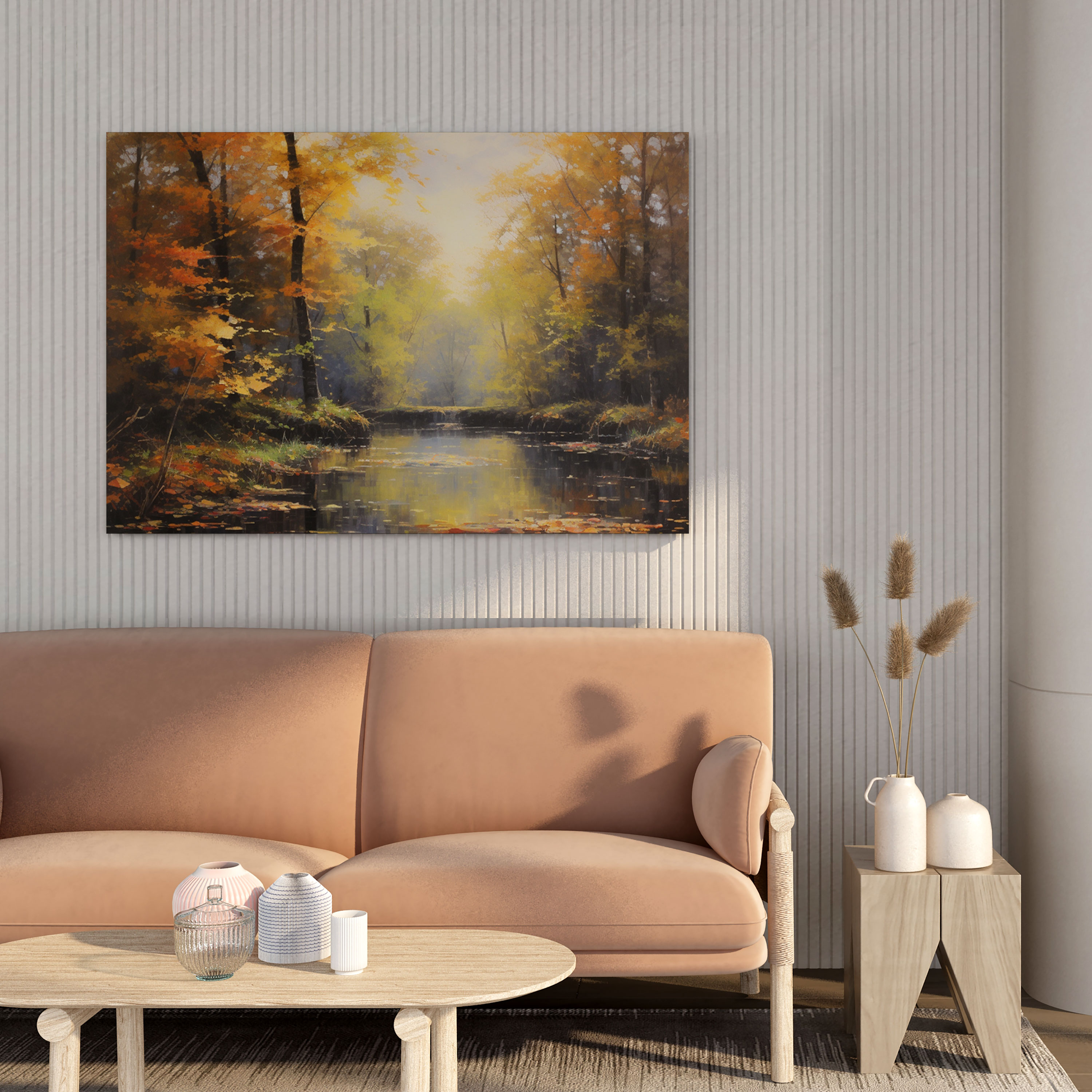 Leinwandbild Herbstlandschaft - Stimmungsvolles Herbstmotiv - Blätter Impressionistisch Wanddekoration
