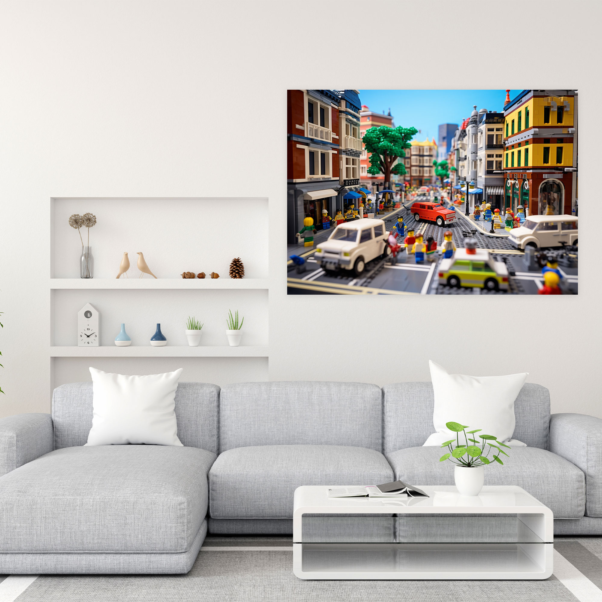 Lego Leinwandbild: Lebendige städtische Landschaft in Lego City - Wandkunst Zuhause Dekoration