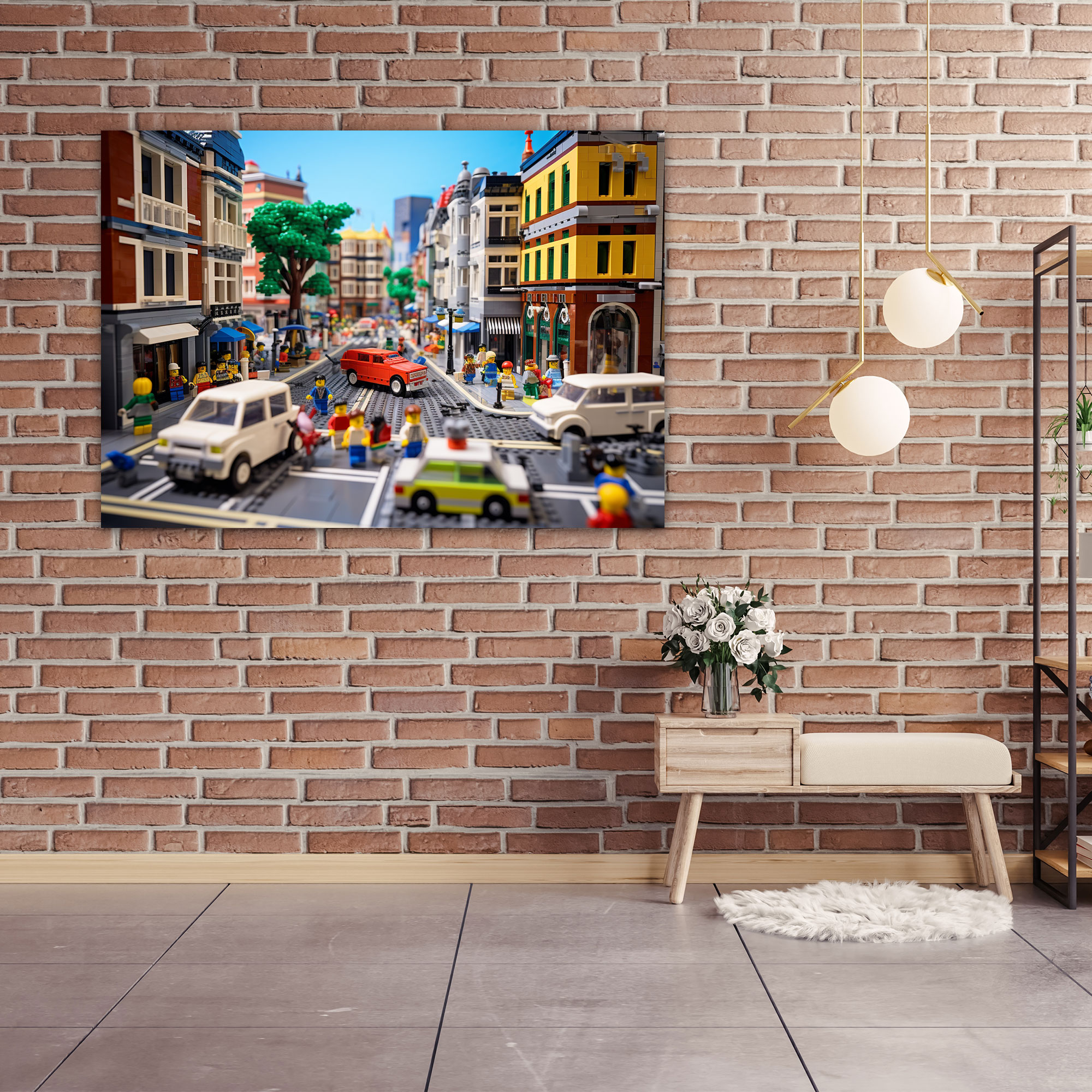 Lego Leinwandbild: Lebendige städtische Landschaft in Lego City - Wandkunst Zuhause Dekoration