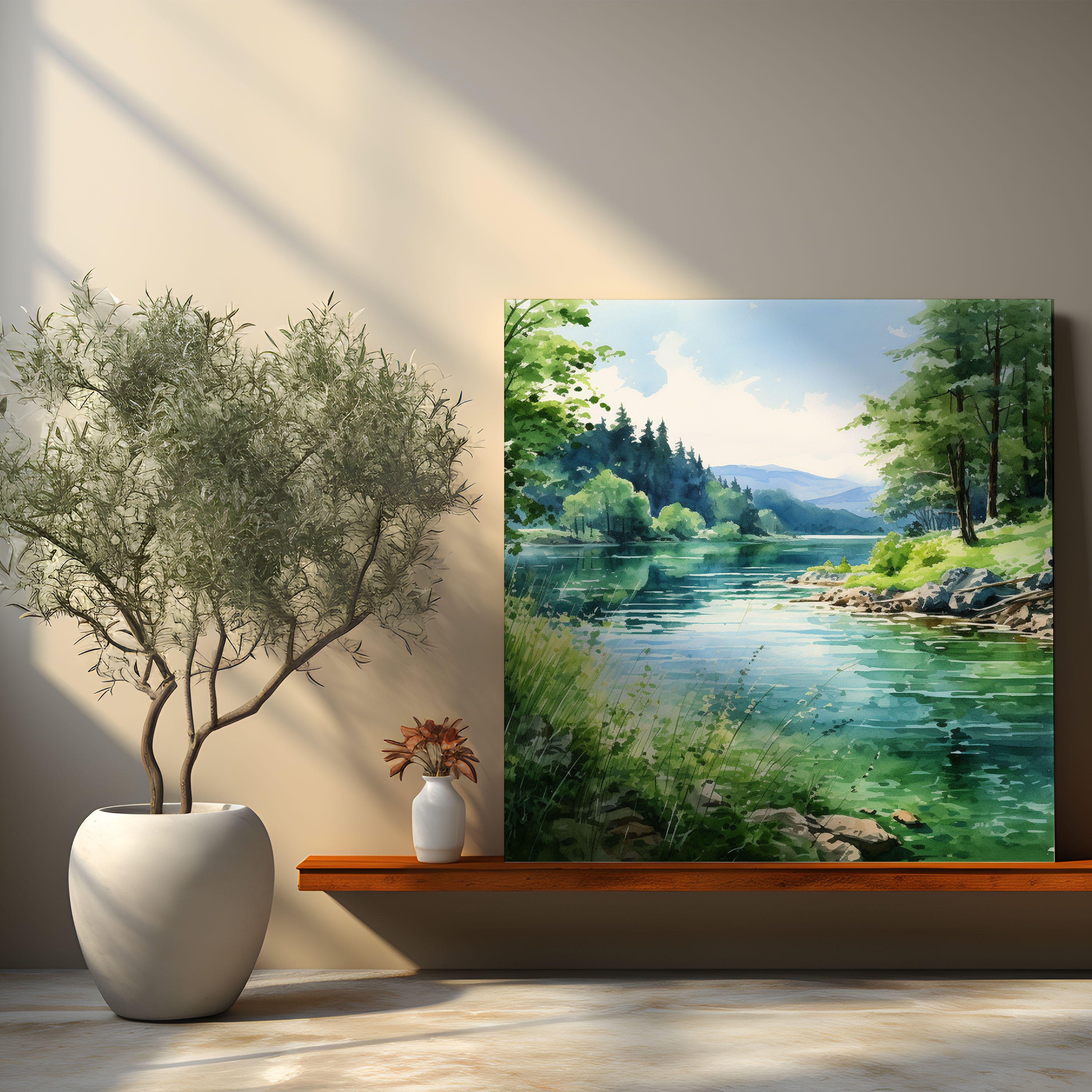 Leinwandbild: Lenticular Wandkunst - Ruhe am See Wasserfarben-Landschaft