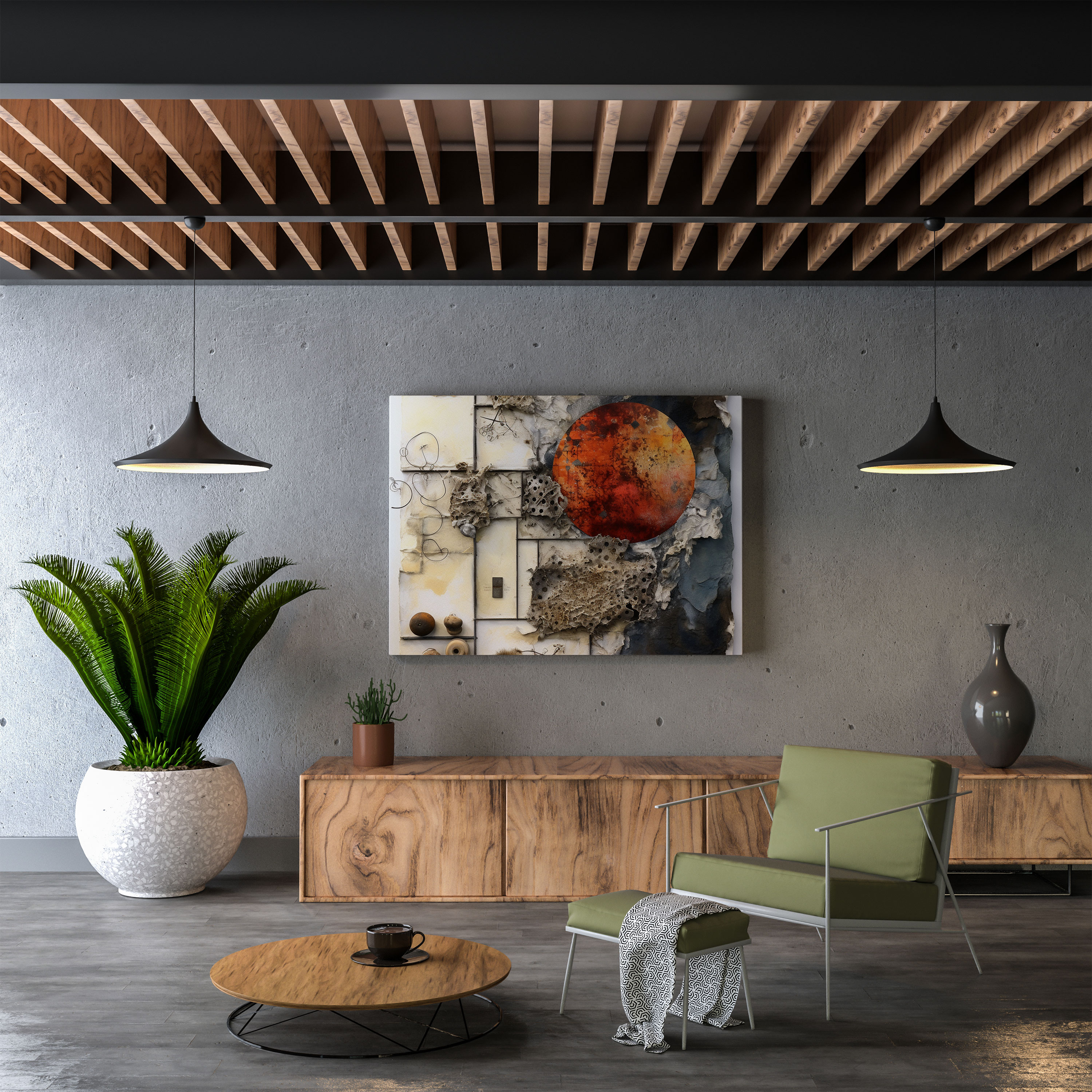Linsenraster-Wanddekoration: Texturierte Collage - Linsenraster Leinwand Mixed Media Kunstwerk