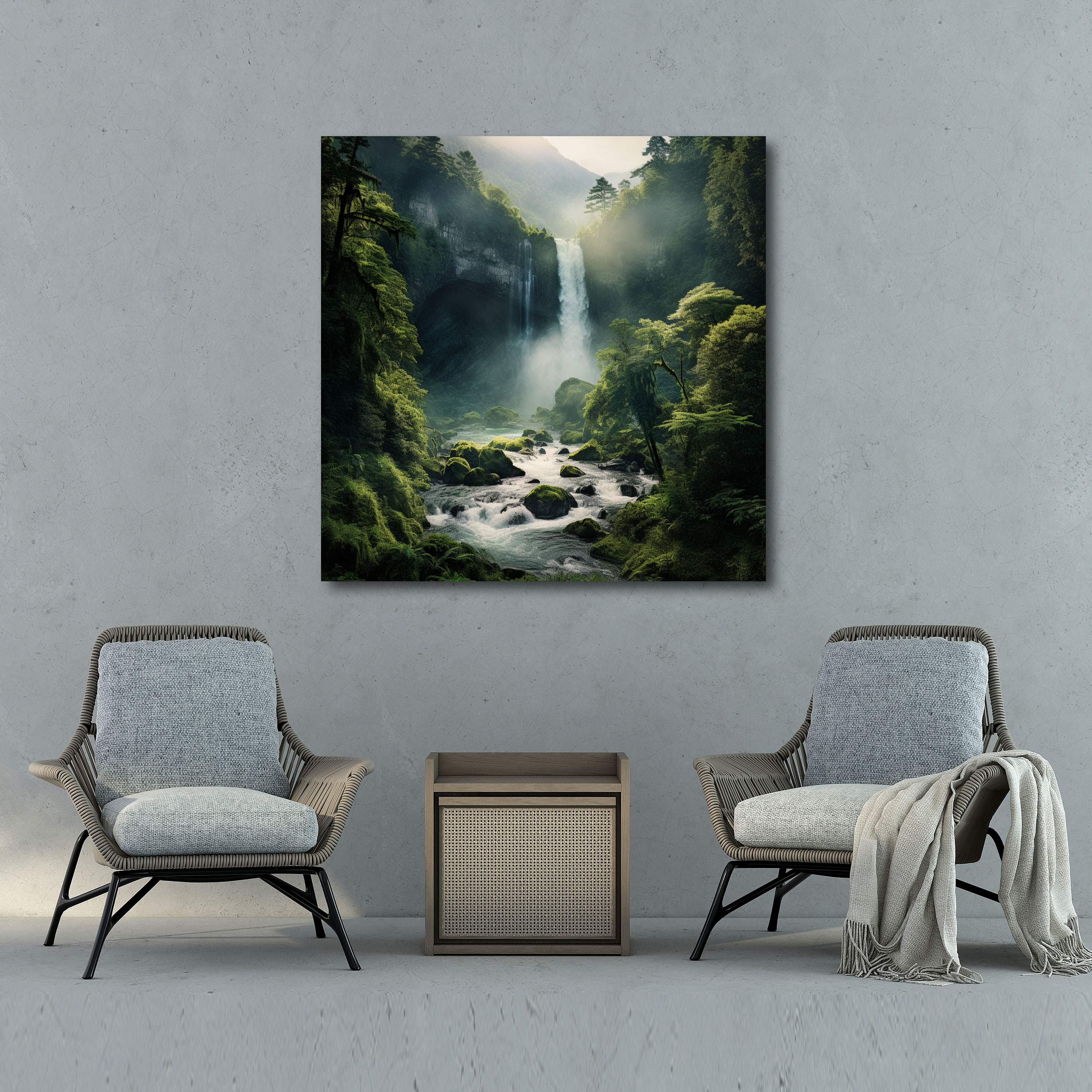 Linsenförmige Wanddekoration: Majestätischer Wasserfall - Linsenförmig Natur Leinwandbild Wasserfall